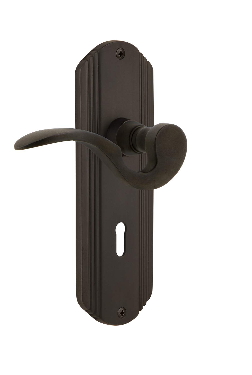 Vintage Oil-Rubbed Bronze Deco Plate Privacy Door Lever with Keyhole - Perfect for Classic Home Interiors, Bedrooms & Bathrooms