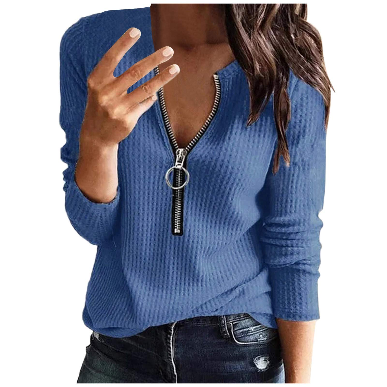 Eoailr Women's Henley Shirts - V Neck Long Sleeve Button Down Tops, Warm Waffle Knit Tees & Ribbed Shirts for Casual Wear, Office, and Fall Layering