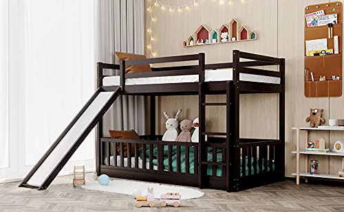 RUNNA Twin Over Twin Wood Bunk Bed with Convertible Slide & Ladder - Space-Saving Kids Loft Bed with Full-Length Guardrail - Espresso Finish for Bedroom, Dorm, or Playroom
