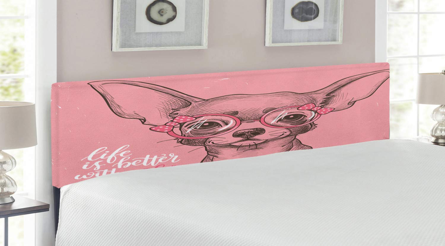 Ambesonne King Size Upholstered Dog Headboard - Chihuahua Sketch with Fashion Glasses & Ribbons Design, Decorative Metal Bed Frame with Memory Foam in Pale Pink & Army Green | Perfect for Pet Lovers' Bedroom, Girls' Room Decor, and Unique Home Furnishing