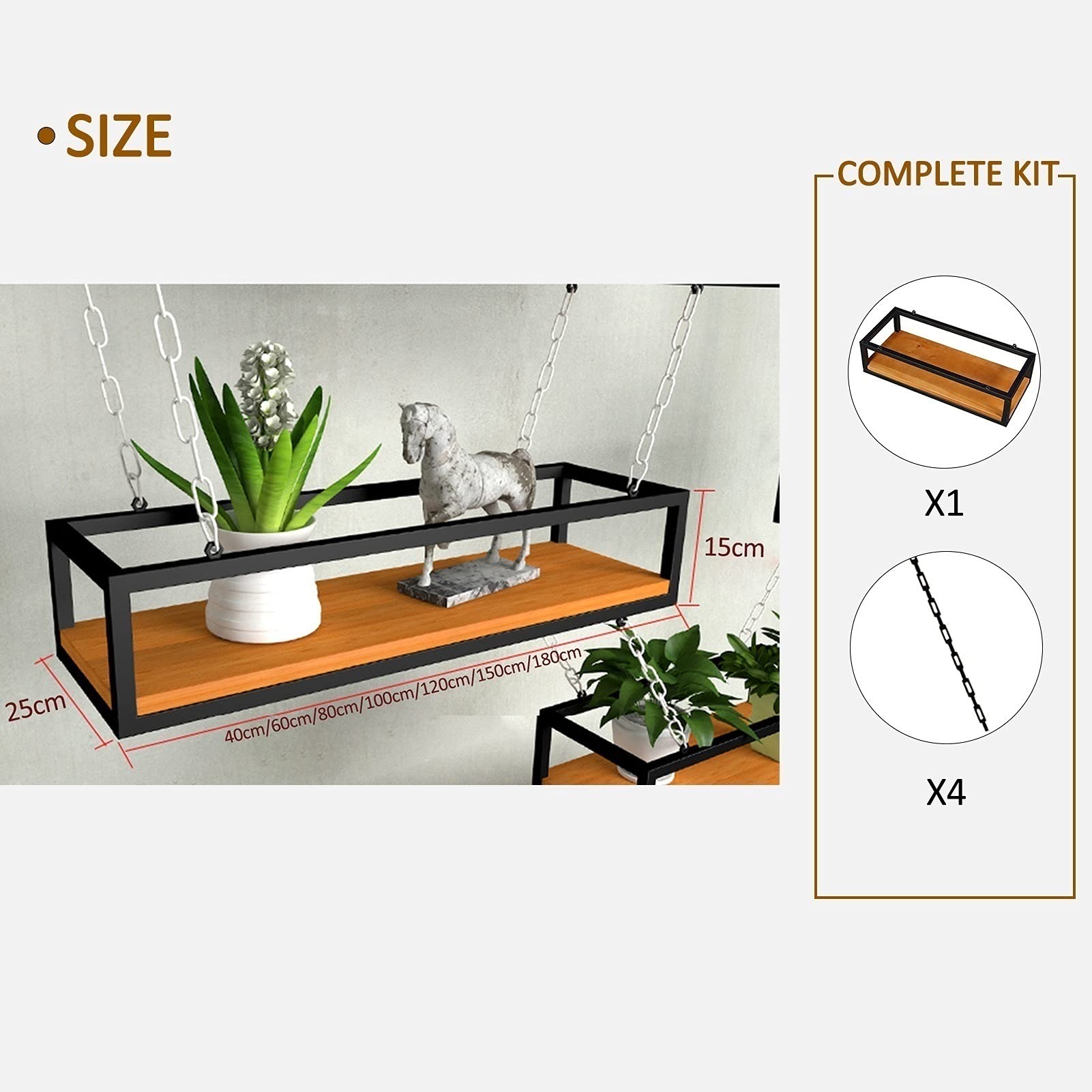 Modern Black Iron Chain & Wood Ceiling Hanging Kitchen Organizer - 1 Tier Wine Glass Rack, Flower Stand, Pot Pan Holder - Space-Saving Storage Solution for Kitchen, Dining Room & Living Room Decor