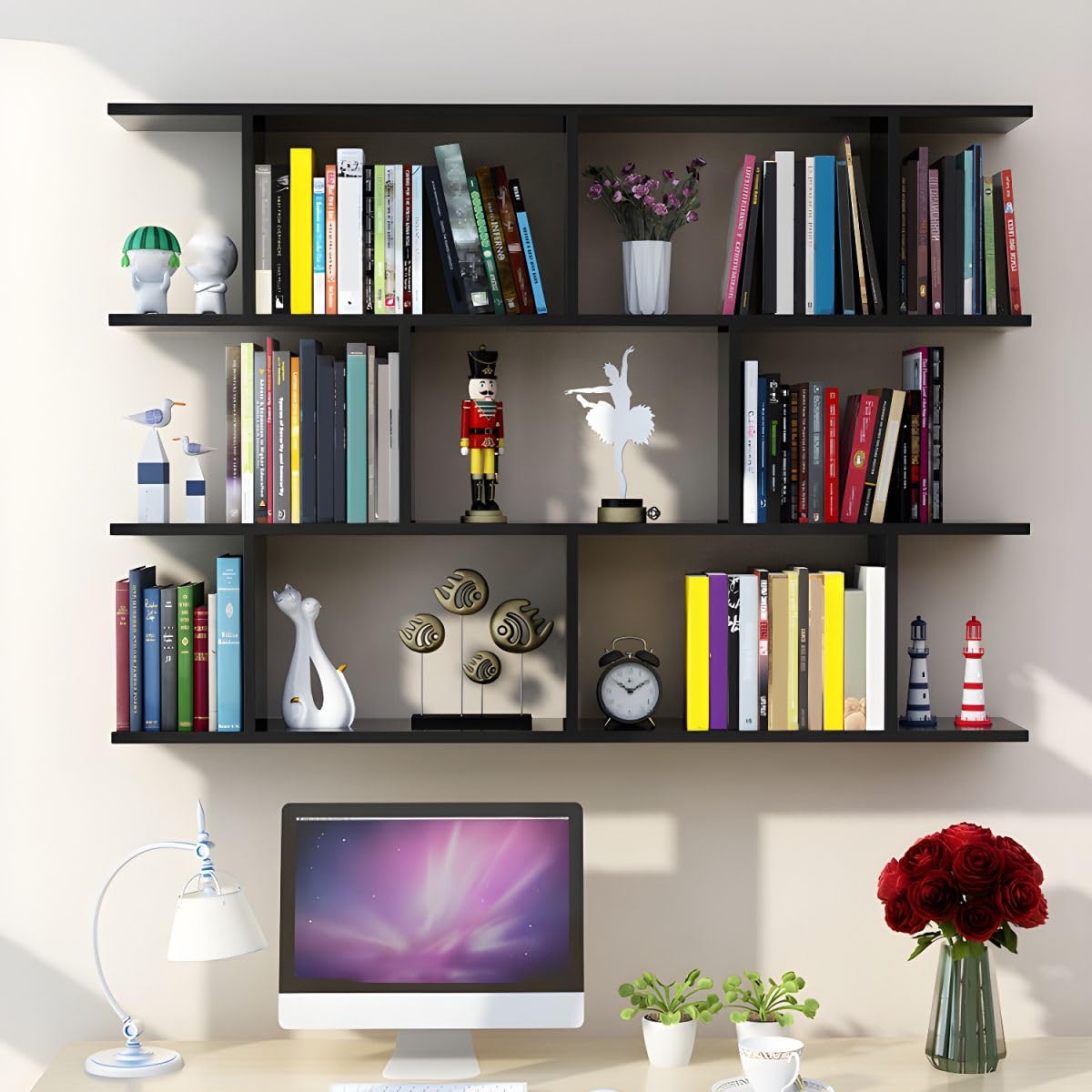 KWOKING Wall Mounted Bookcase - Engineered Wood Bookshelf with Open Design, Wall Hanging Shelf for Bedroom, Living Room, Office - Black 55.1