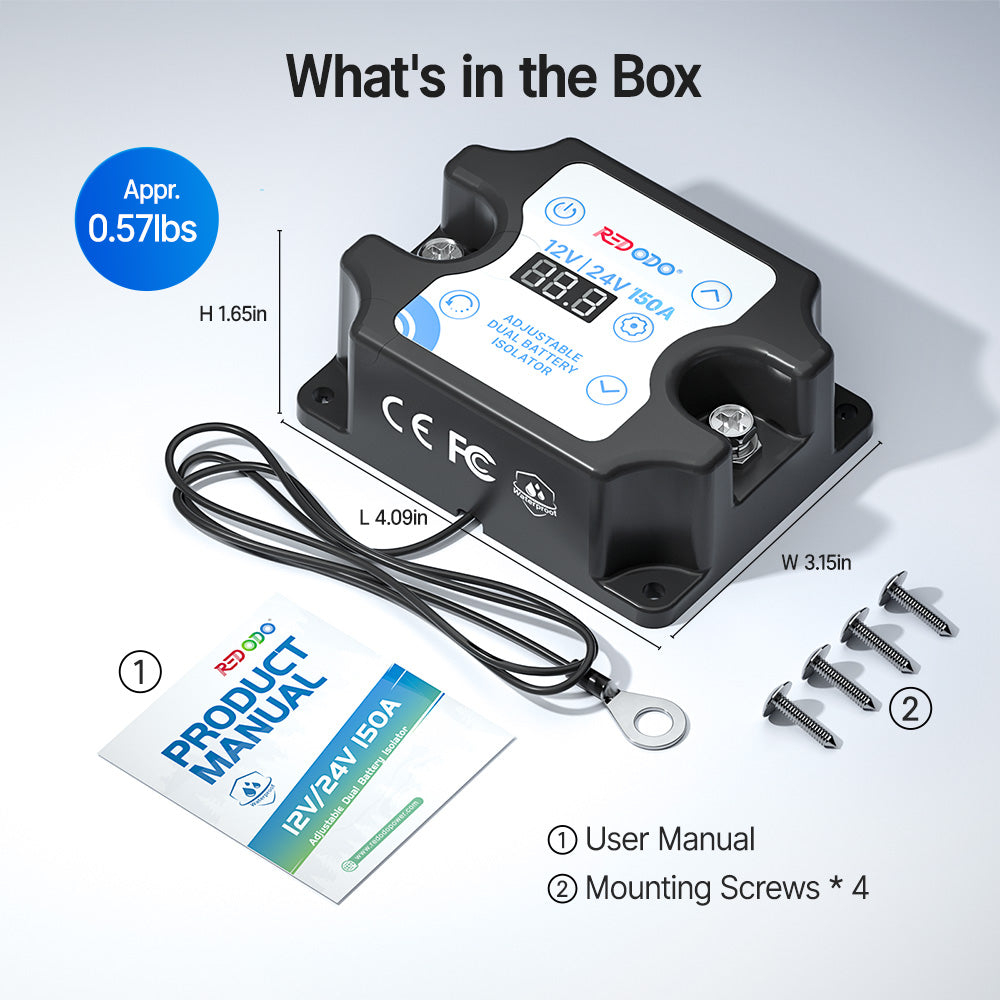 Redodo 12V/24V 150A Adjustable Dual Battery Isolator (VSR) - Auto Connect/Disconnect Starter & House Batteries with LCD Display - Perfect for RVs, Boats, and Off-Grid Power Systems