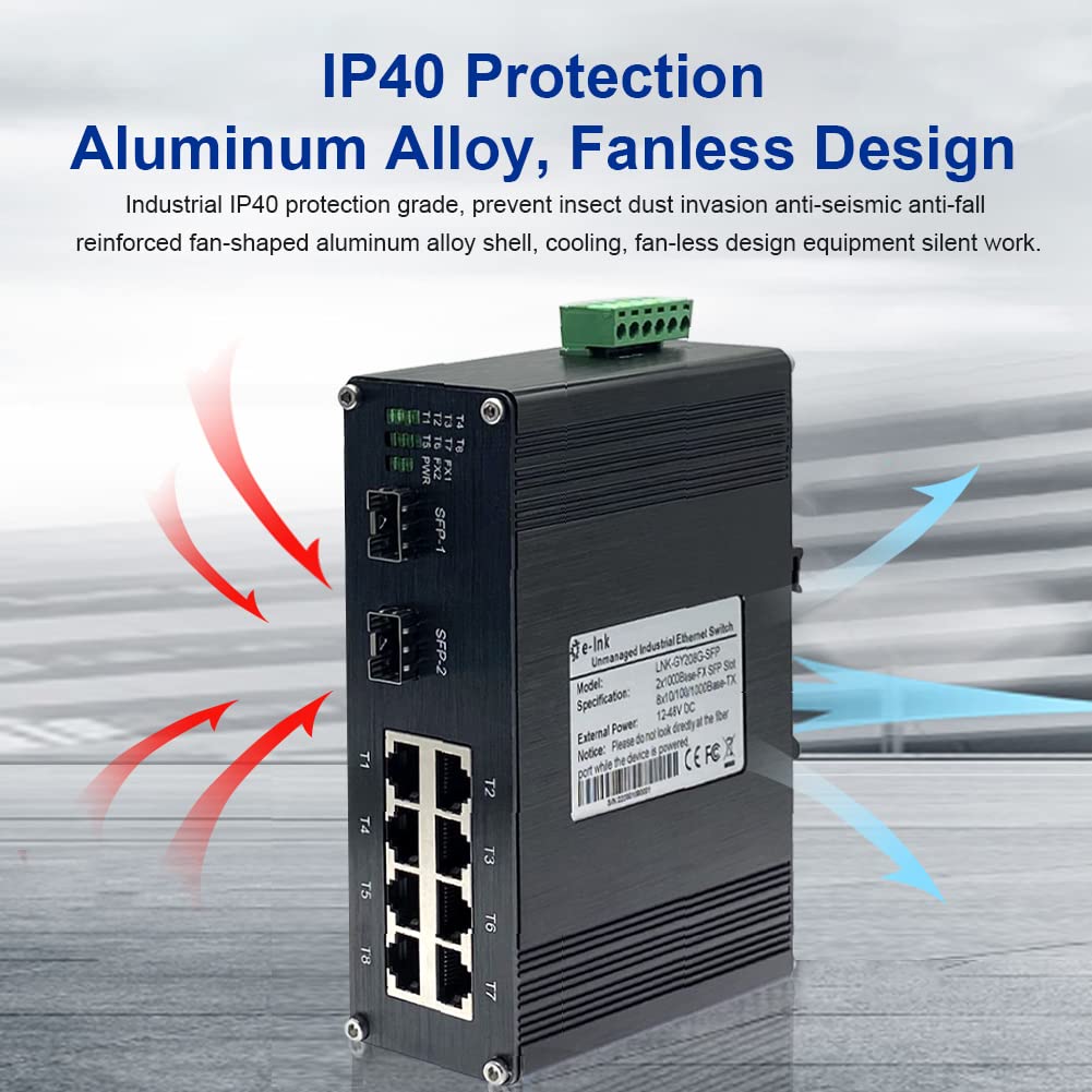 Industrial 8 Port Gigabit Ethernet POE+ Switch | DIN Rail Mount | Unmanaged 10/100/1000Mbps | 2 SFP Slots | Rugged Network Solution for Factory Automation & IP Surveillance Systems