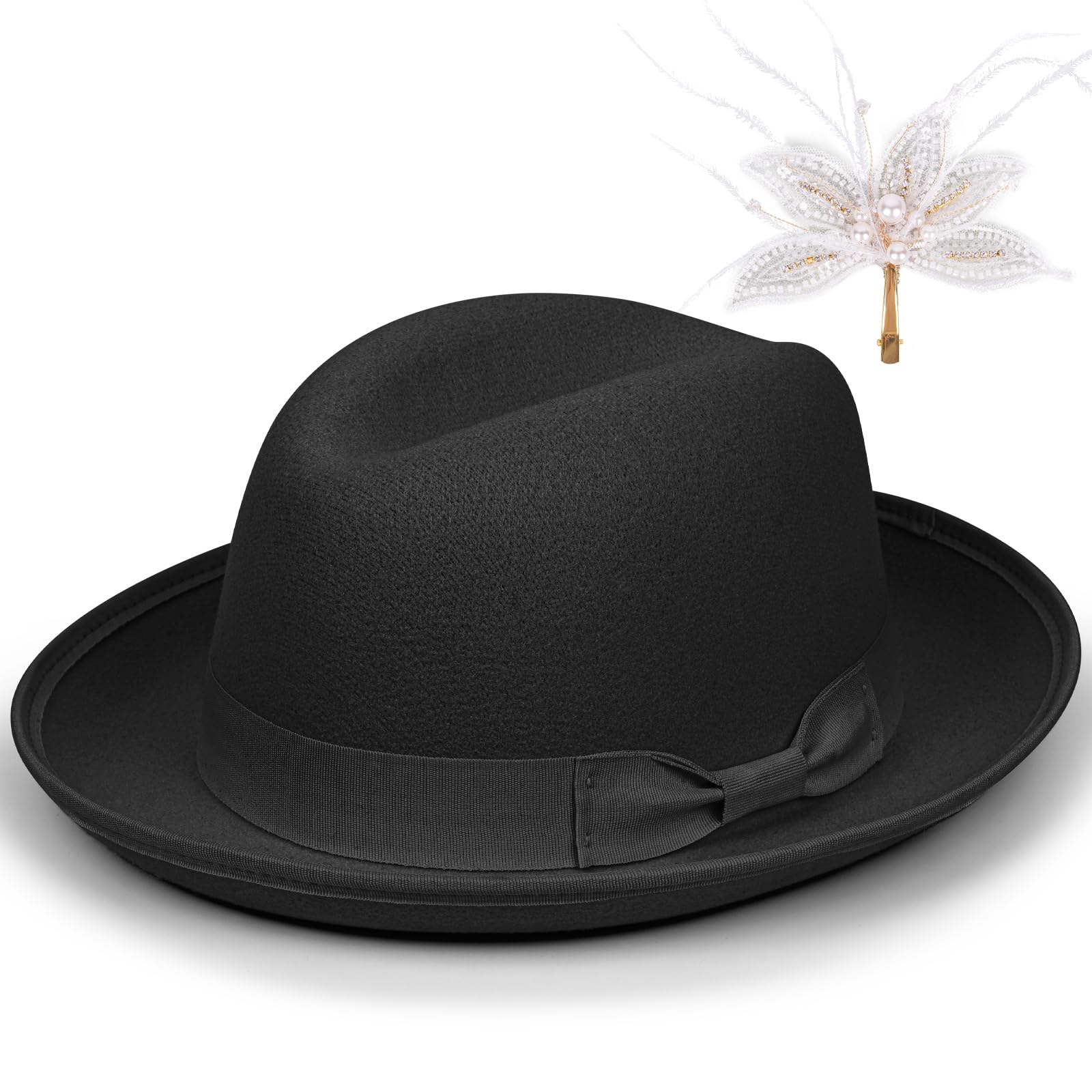 Stylish FADACHY Fedora Hats for Women - Fashionable Wide Brim Felt Hat with Removable Golden Feather Clip, Elegant Panama Trilby Hat for Outdoor Events, Parties & Vintage Style