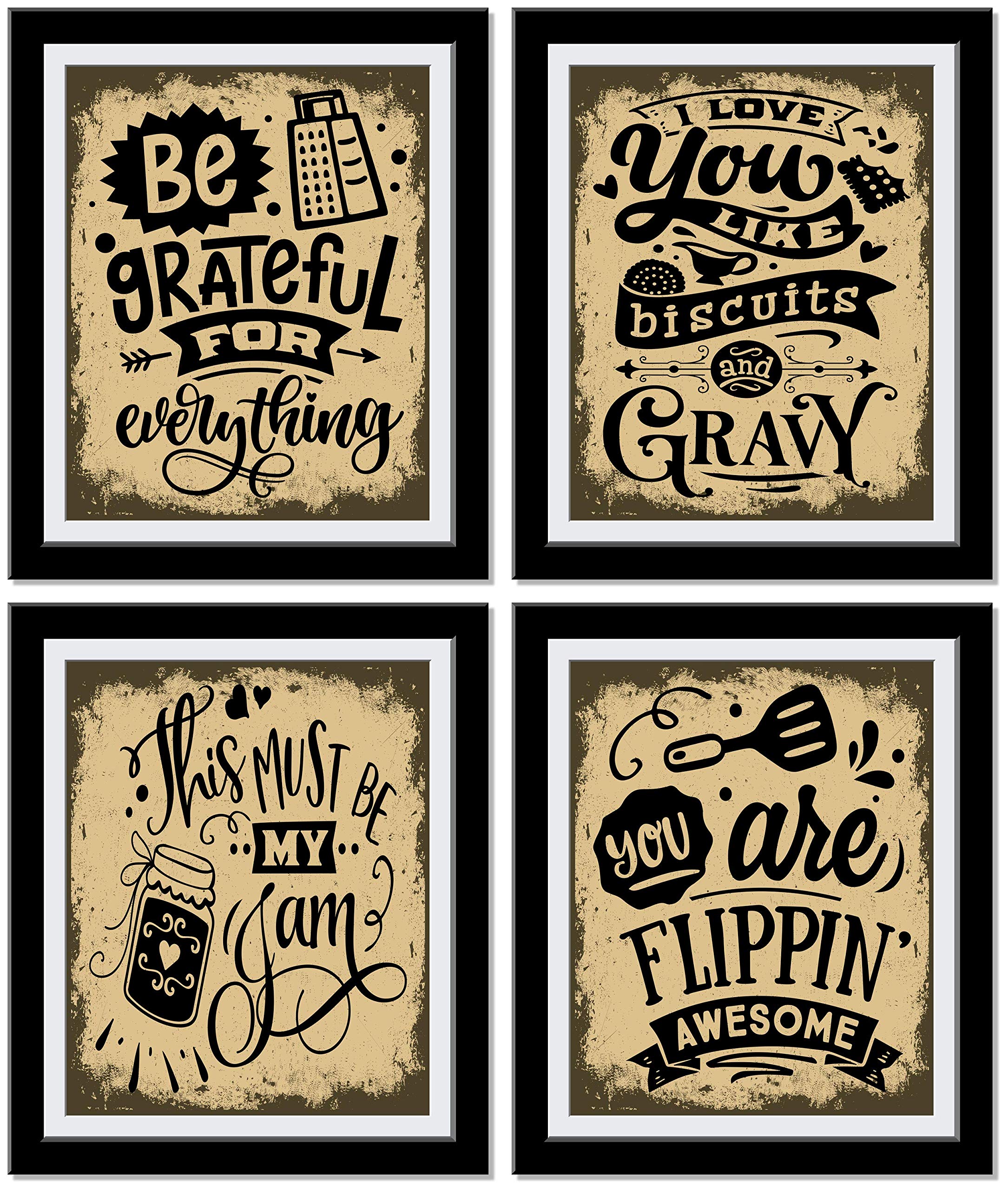 Funny Kitchen Signs Set of 4 - Motivational Wall Decor for Kitchen with Inspirational Quotes (Be Grateful, Flippin Awesome, Love is my Jam) - 8x10 Unframed Prints - Perfect for Home Decor, Housewarming Gifts & Kitchen Wall Art