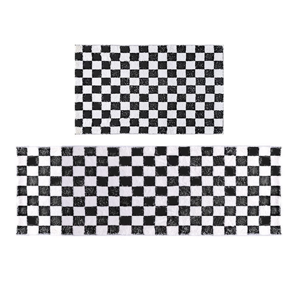 Premium Microfiber Bath Rug - Ultra Soft Shaggy Boho Area Rug with Geometric Plaid Checkered Design, Non-Slip Indoor/Outdoor Carpet for Bedroom, Living Room, Kitchen, Runner Mat & Doormat (2' x 3', Black) - Perfect for Cozy Home Decor & High-Traffic Areas