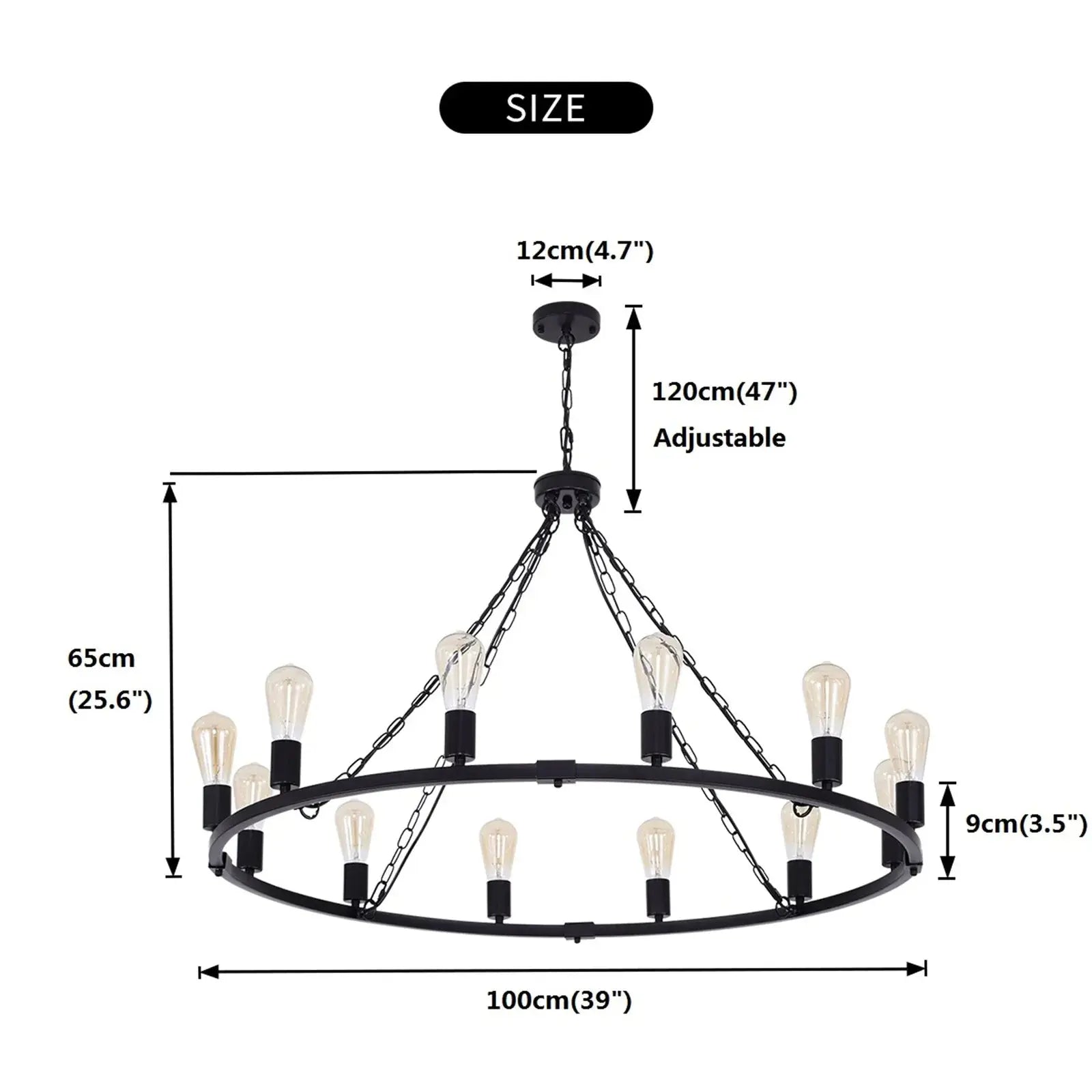 12-Light Black Metal Chandelier Fixture - Elegant Dining Room & Bedroom Ceiling Lighting for Modern Homes