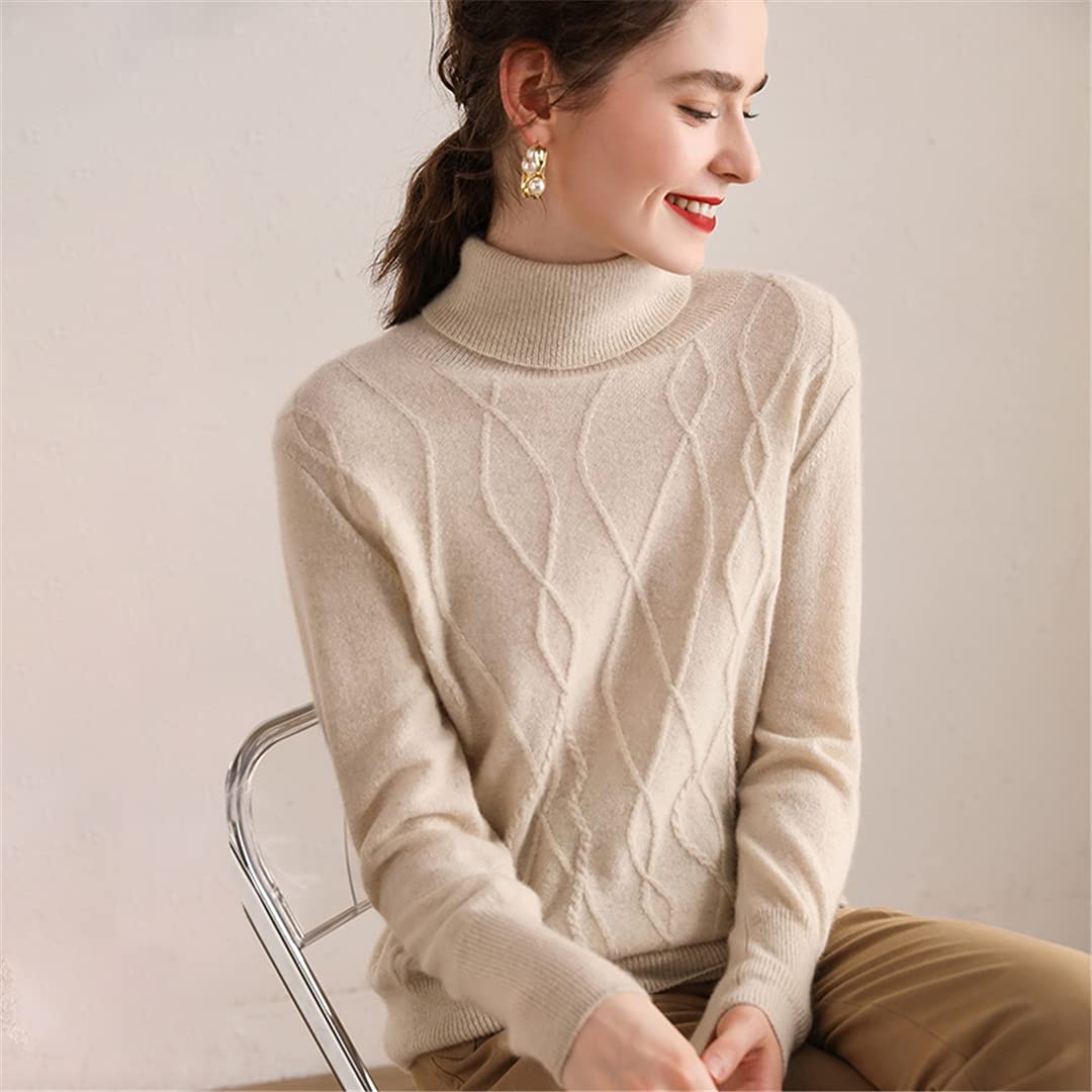 Women's 100% Cashmere Long Sleeve Turtleneck Sweater - Warm Thick Knit Pullover Jumper for Autumn & Winter - Dark Camel Color - Perfect for Office, Travel and Casual Outfits