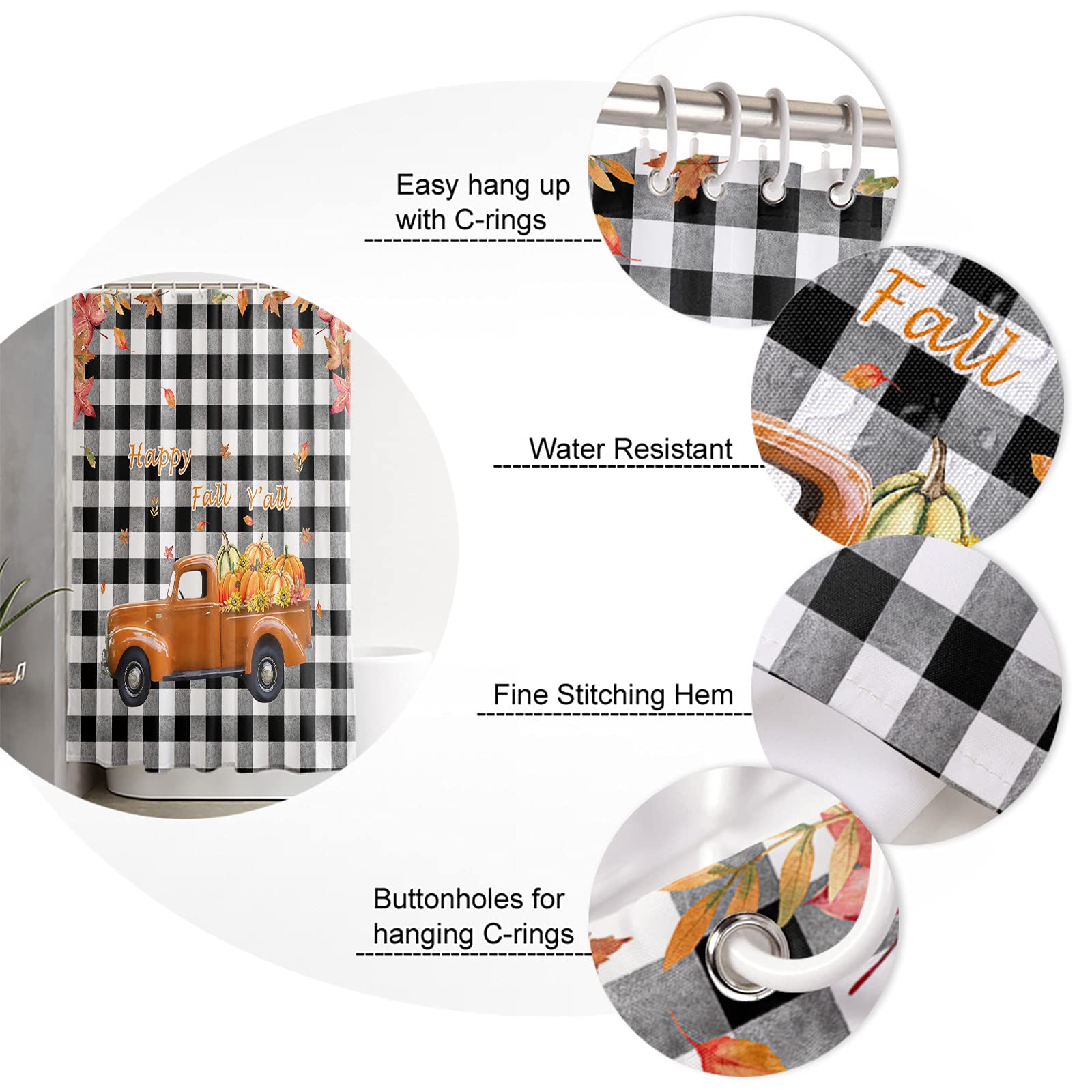 Thanksgiving Pumpkin Waterproof Shower Curtain Set - 36 x 72 Inch Fall Plaid Polyester Bathroom Decor with 12 Hooks | Rustic Farmhouse Bathroom Accessories for Autumn, Halloween & Holiday Season