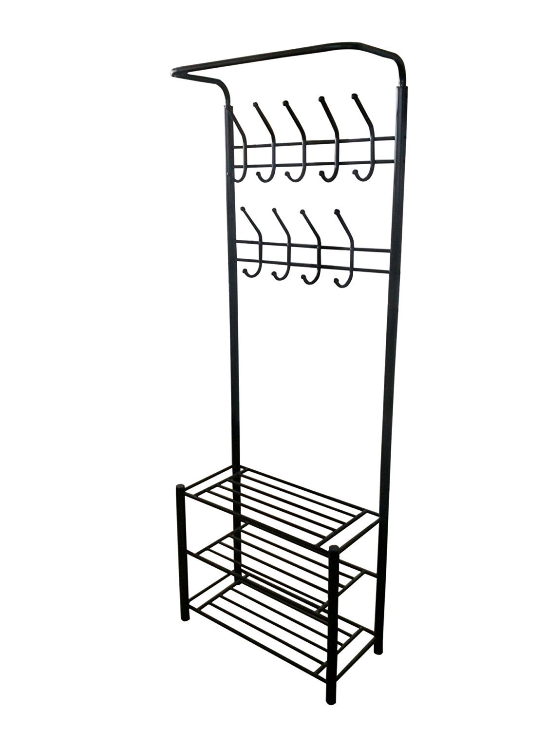 RAAMZO Black Metal Entryway Storage Organizer - 3-Tier Shoe Rack with 18 Hooks for Coats, Hats & Accessories | Space-Saving Hallway Entry Solution for Home & Apartment