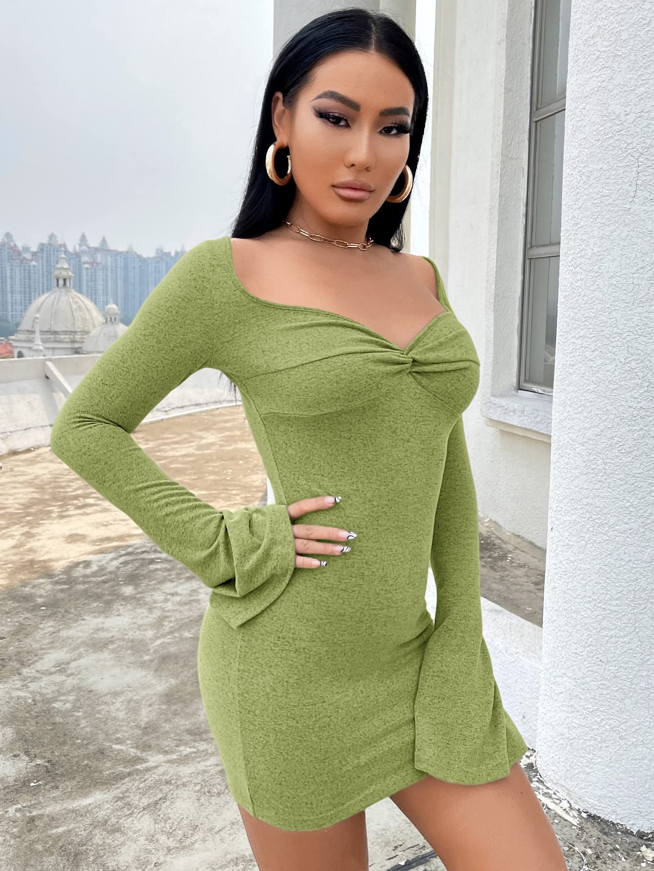ZARKL Women's Twist Front Flounce Sleeve Bodycon Dress - Lime Green, Size Medium | Sexy Party Cocktail Dress for Night Out, Clubwear, Date Night & Special Occasions