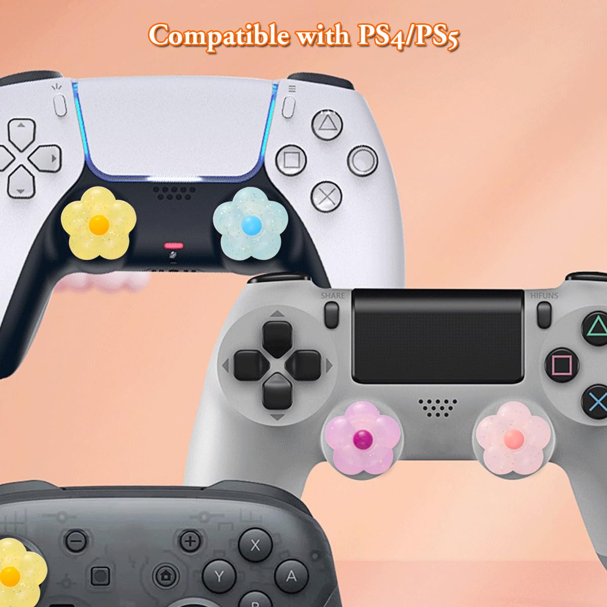 PERFECTSIGHT Cute Glitter Flower Thumb Grips for PS5, PS4, Xbox Series X/S, Xbox One, Switch Pro Controller - 4PCS Soft Rubber 3D Analog Joystick Covers - Kawaii Gaming Accessories for Enhanced Grip & Comfort During Long Gaming Sessions