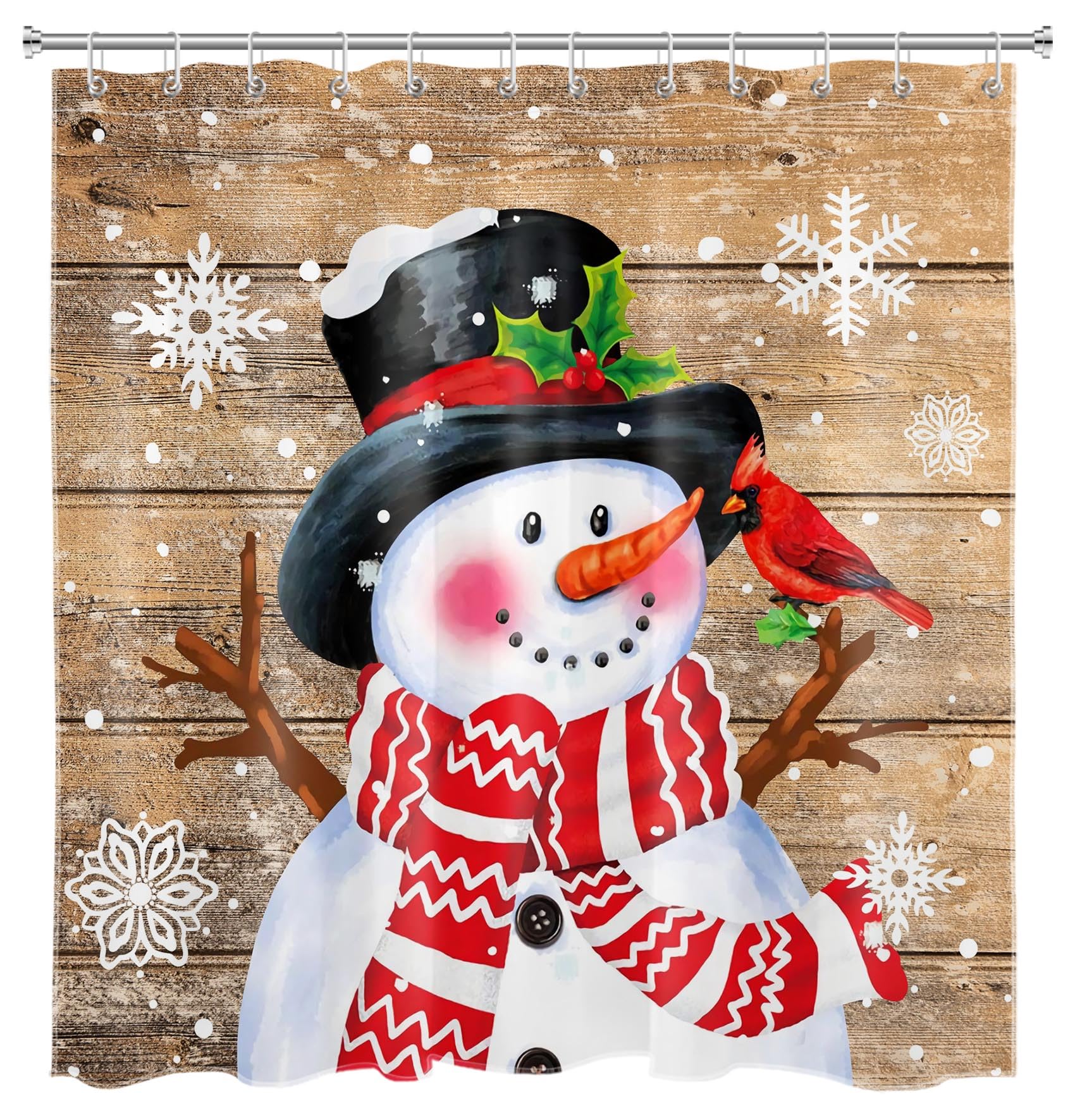 HVEST Farmhouse Christmas Shower Curtain - Snowman & Cardinal Design on Rustic Wood Brown Background, Winter Snowflake Pattern Polyester Fabric Bathroom Decor (72x72 Inch) with Hooks - Perfect for Holiday Bathroom Decor, Seasonal Home Styling, and Cozy Winter Atmosphere