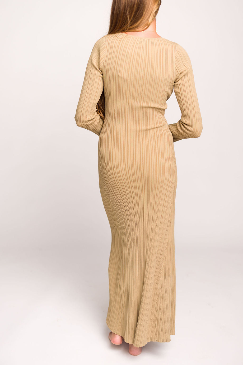 Keaton Knit Maxi Dress - V Neckline Beige Women's Long Dress | Perfect for Summer, Beach, Vacations & Casual Outings