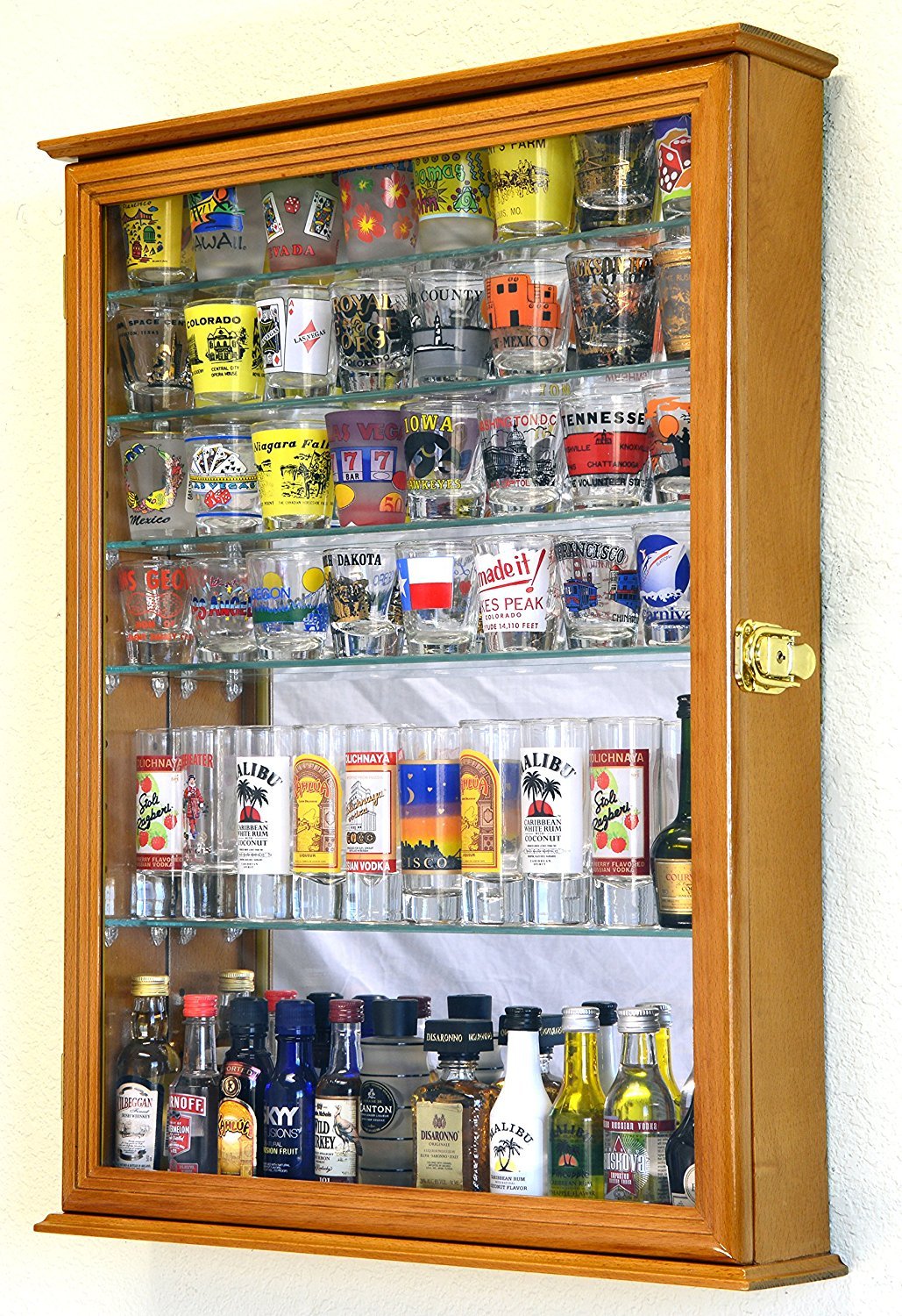 Large Oak Shot Glass Display Case with Mirror Back & 7 Adjustable Glass Shelves - Perfect for Bar, Pub, or Home Liquor Cabinet Organization