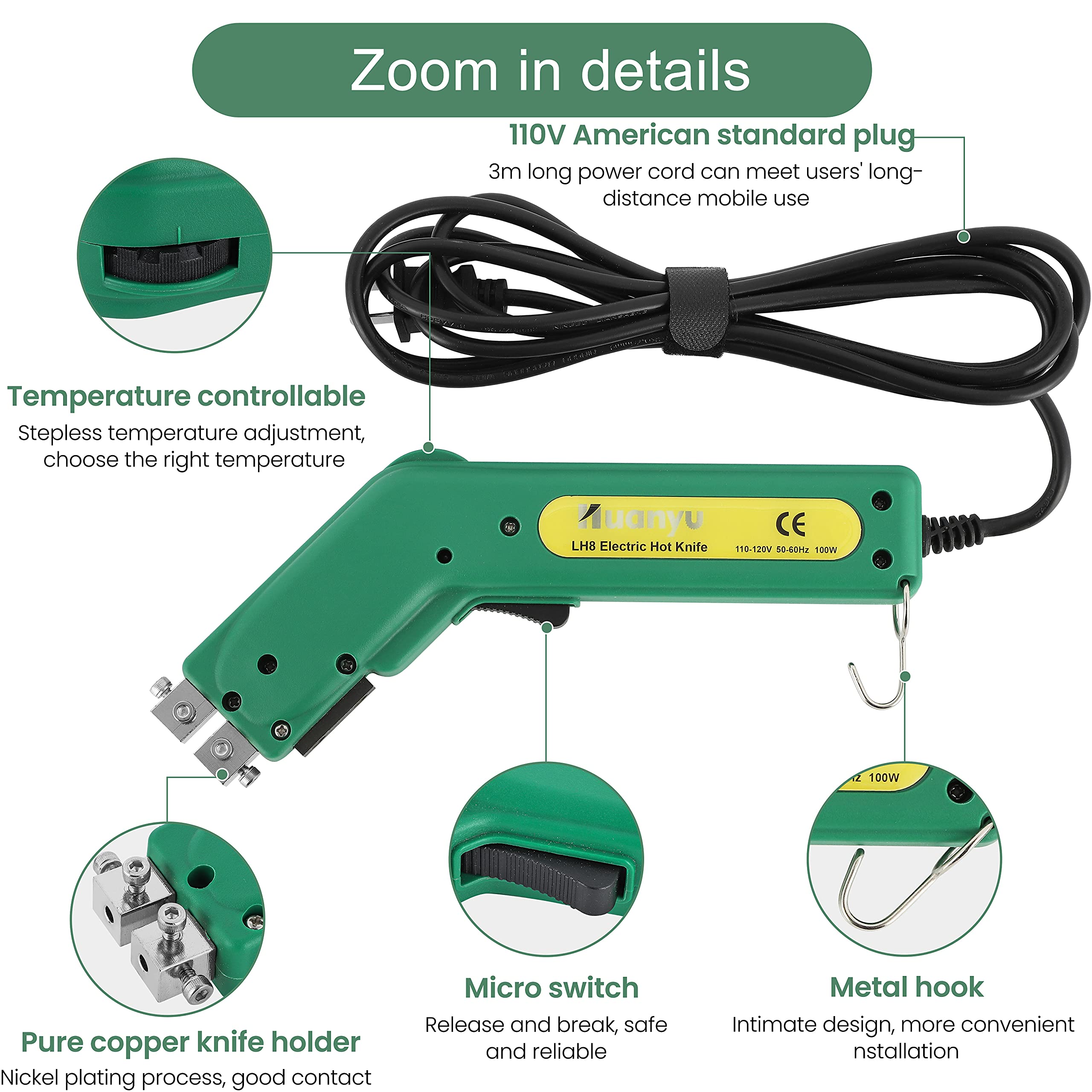 Huanyu 100W Professional Electric Foam Cutter Kit - 600°C Hot Knife for Styrofoam, Sponge & Rope Cutting - DIY Sculpture Tool with Straight 5cm Blade & Carrying Case (110V) - Perfect for Arts & Crafts, Model Making, and Home Decoration Projects