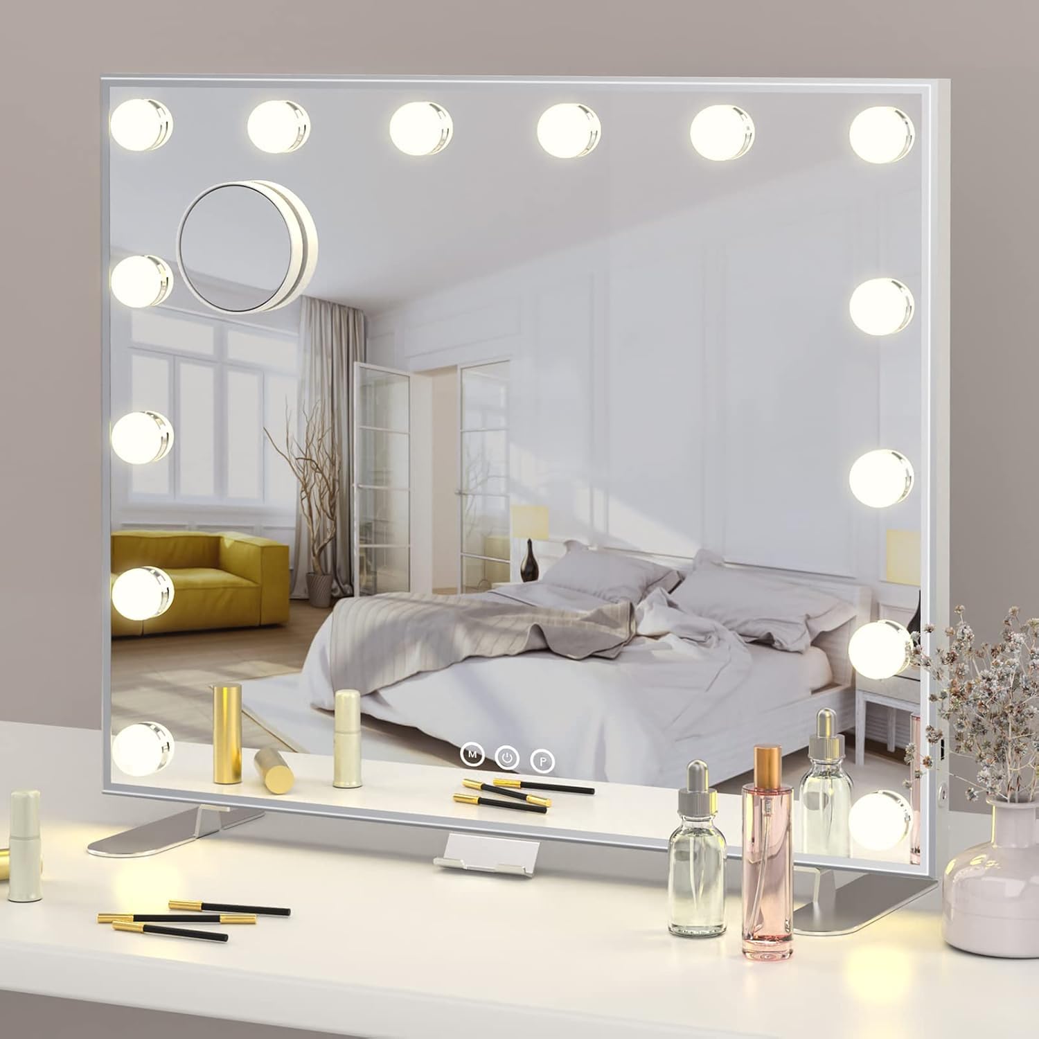**ADDCOLOR Hollywood Makeup Mirror with Lights - Wall Mounted Vanity Mirror with USB Charging Port & Phone Holder, 14 LED Bulbs & 3 Adjustable Lighting Modes - Large Mirror (23.6