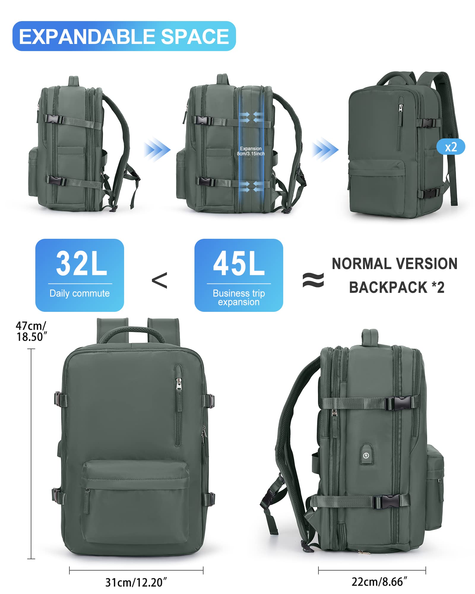 VGCUB Expandable Waterproof Travel Backpack for Women & Men - 17 Inch Laptop Compartment, Carry-On Approved, Business Work Bag, Mochila de Viaje, Green - Perfect for Commuting, Hiking, and Air Travel