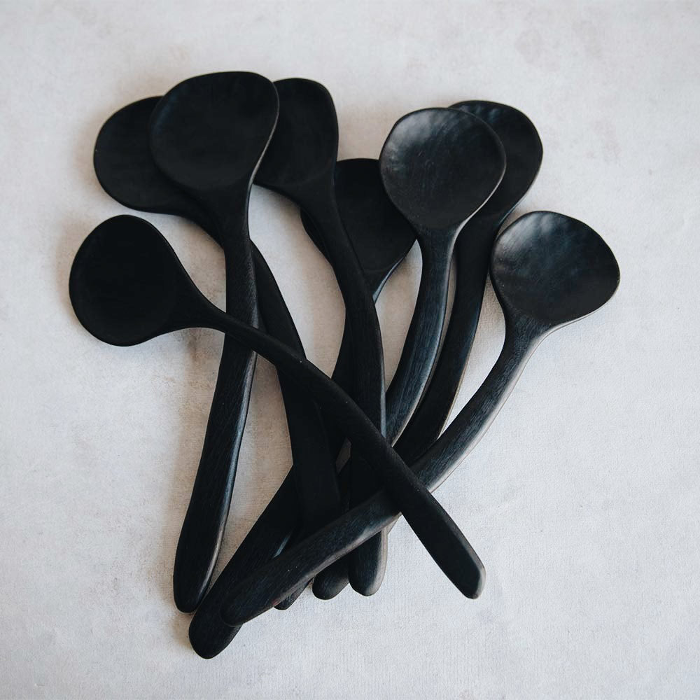 Hand Carved Flat Black Wooden Spoon - Eco-Friendly Kitchen Utensil for Cooking, Serving & Dining - Perfect for Soups, Salads & Desserts
