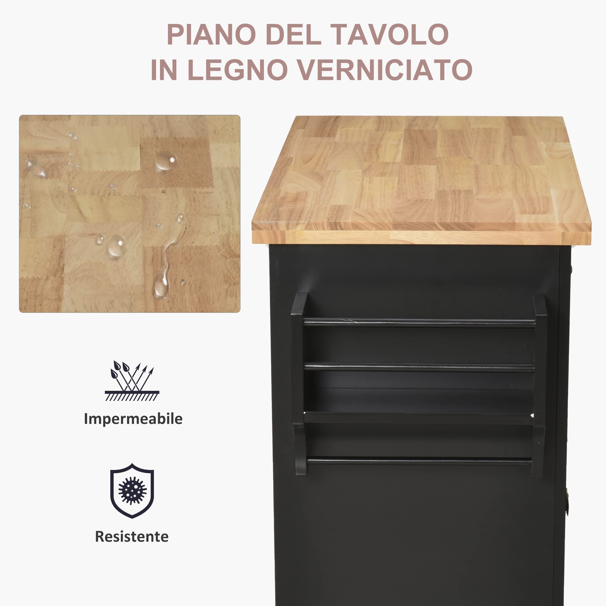HOMCOM Black Kitchen Island Cart with 2 Drawers & 2 Cabinets, Wooden Top, Spice Rack & Tea Towel Holder - Perfect for Small Kitchens, Dining Rooms & Home Organization Storage