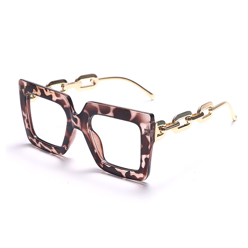 Stylish Oversized Square Anti Blue Light Glasses - Punk Hollow Chain Design with Clear Lens for Computer Use - Black Leopard & Jelly Blue Frame Eyewear - Perfect for Gaming, Office Work & Screen Time Protection