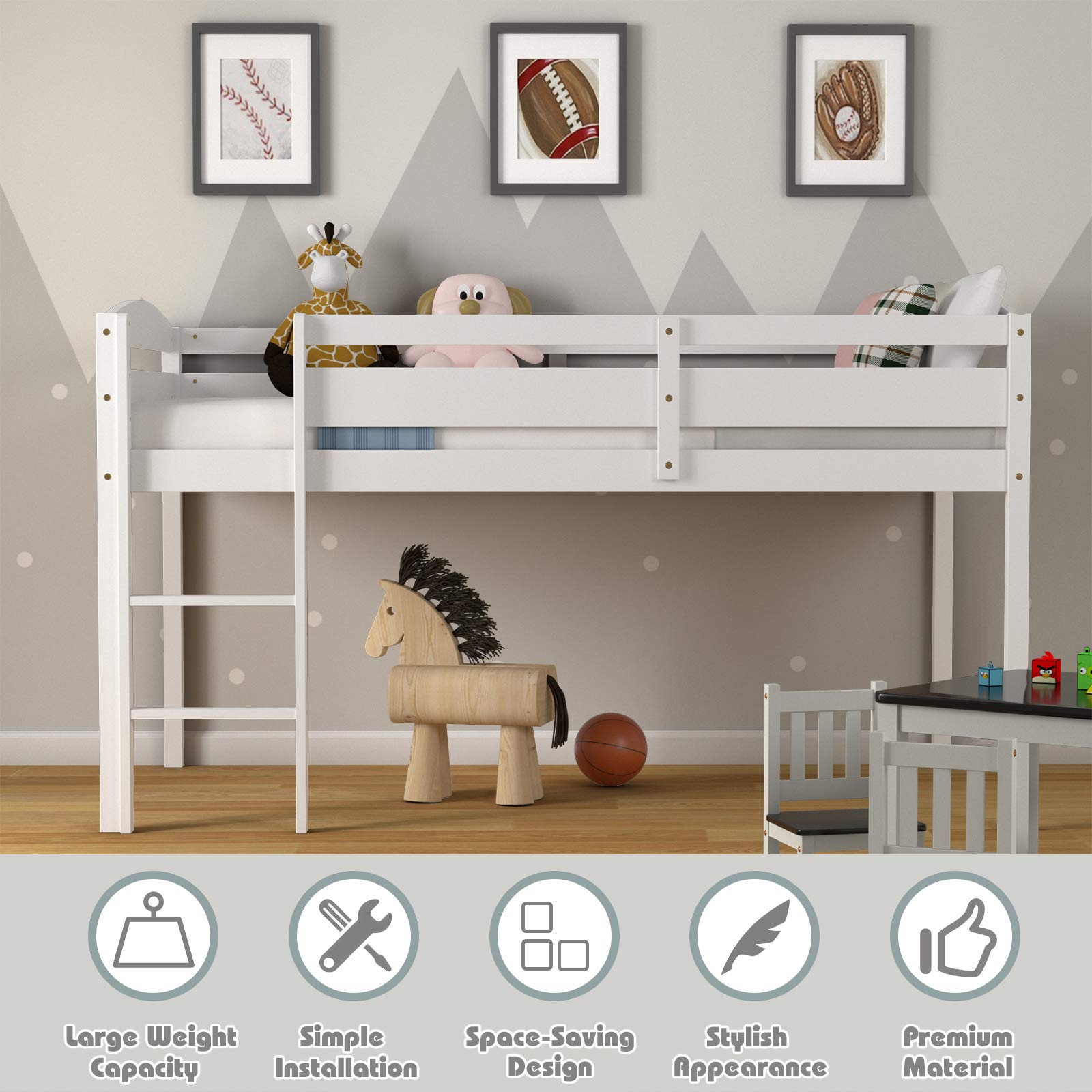 Costzon Twin Loft Bed with Guard Rail & Ladder - Solid Wood Low Loft Bed for Kids, No Box Spring Needed - Classic White Children's Bed with Storage - Perfect for Small Bedrooms, Dorm Rooms & Kids' Sleepovers