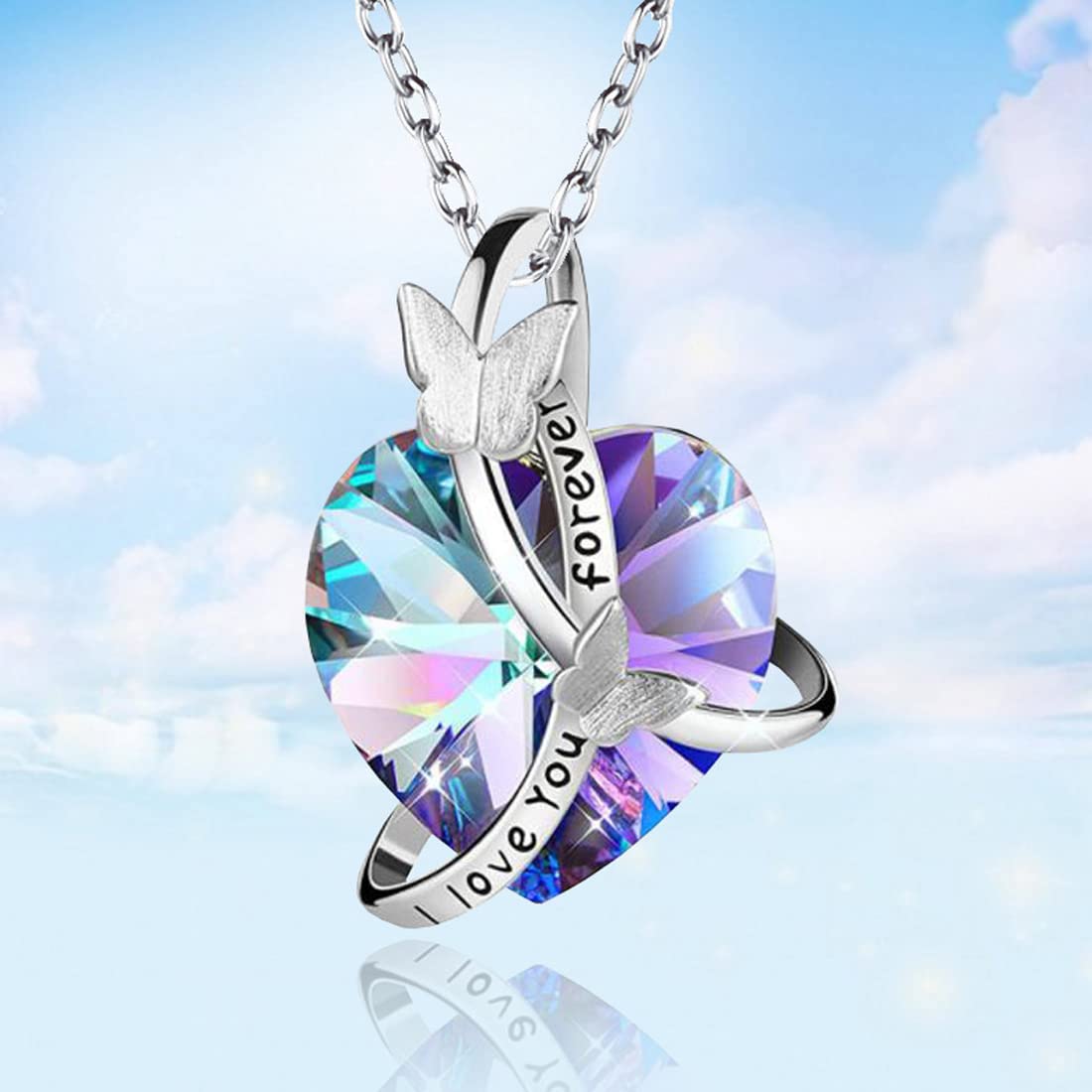 **Elegant Yellow Chimes Pendant Necklace for Women & Girls – Blue Crystal Heart Butterfly Pendant with Silver Tone Chain | Perfect Birthday Gift for Girls, Anniversary Gift for Wife (Purple Heart Pendant Option) | Ideal for Parties, Weddings & Everyday Wear**