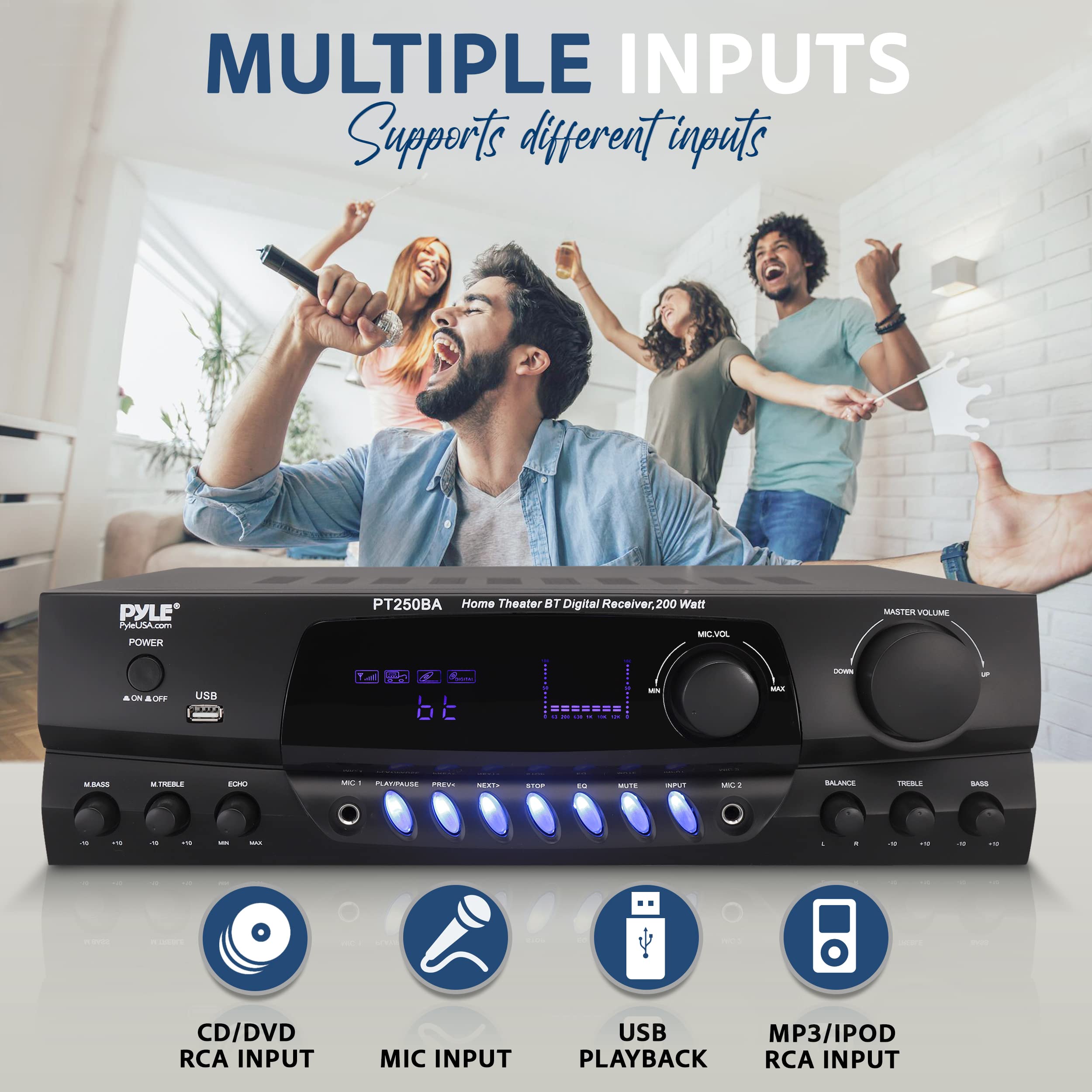 Pyle Wireless Bluetooth Power Amplifier System - 200 Watt Max Home Theater Audio Stereo Receiver with FM/USB, Mic Input, RCA, Echo & EQ Control - Perfect for Karaoke, DJ Parties, and Home Entertainment Systems