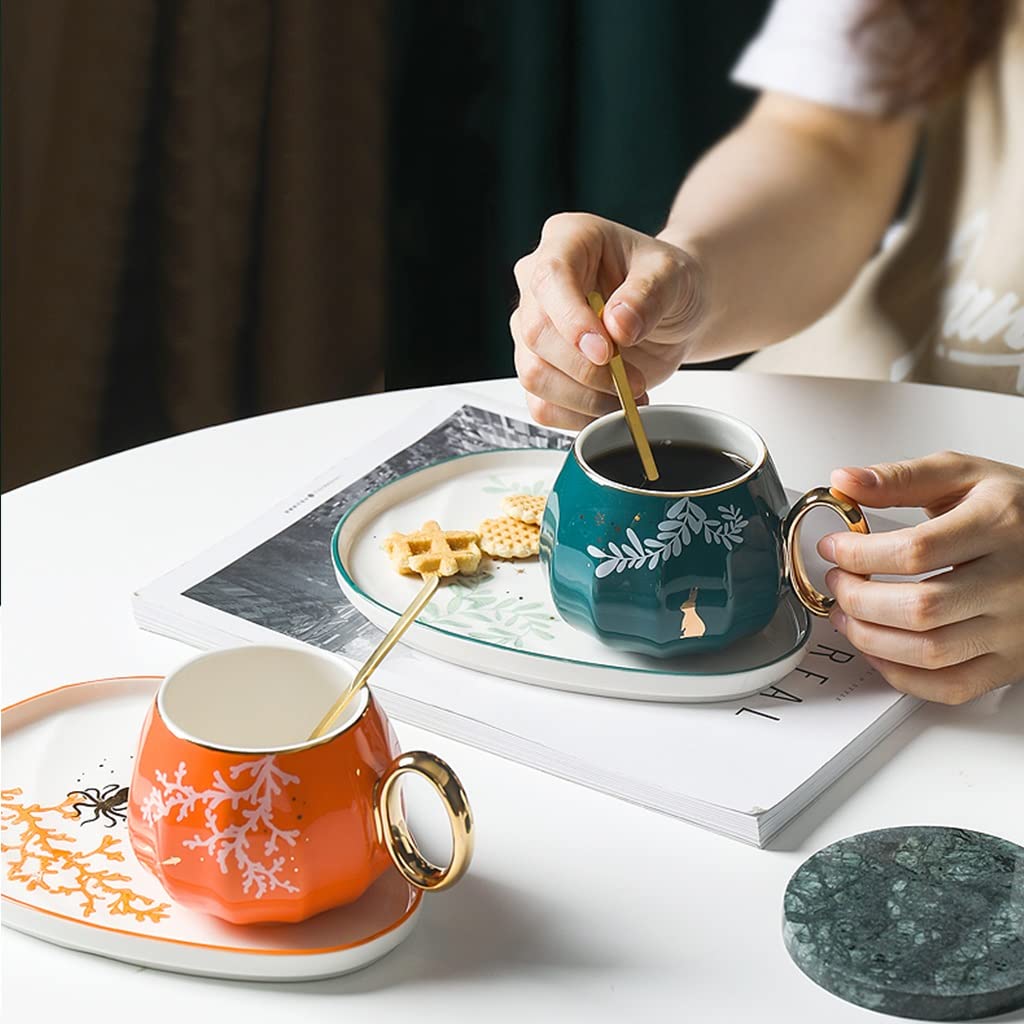 Vintage Ceramic Flower Tea Cup and Saucer Set with Gold Trim - 11.3oz Porcelain Coffee Cup Set, British Style Tea Cup, Espresso Mug - Perfect for Afternoon Tea, Coffee Break & Gift Giving (Orange)