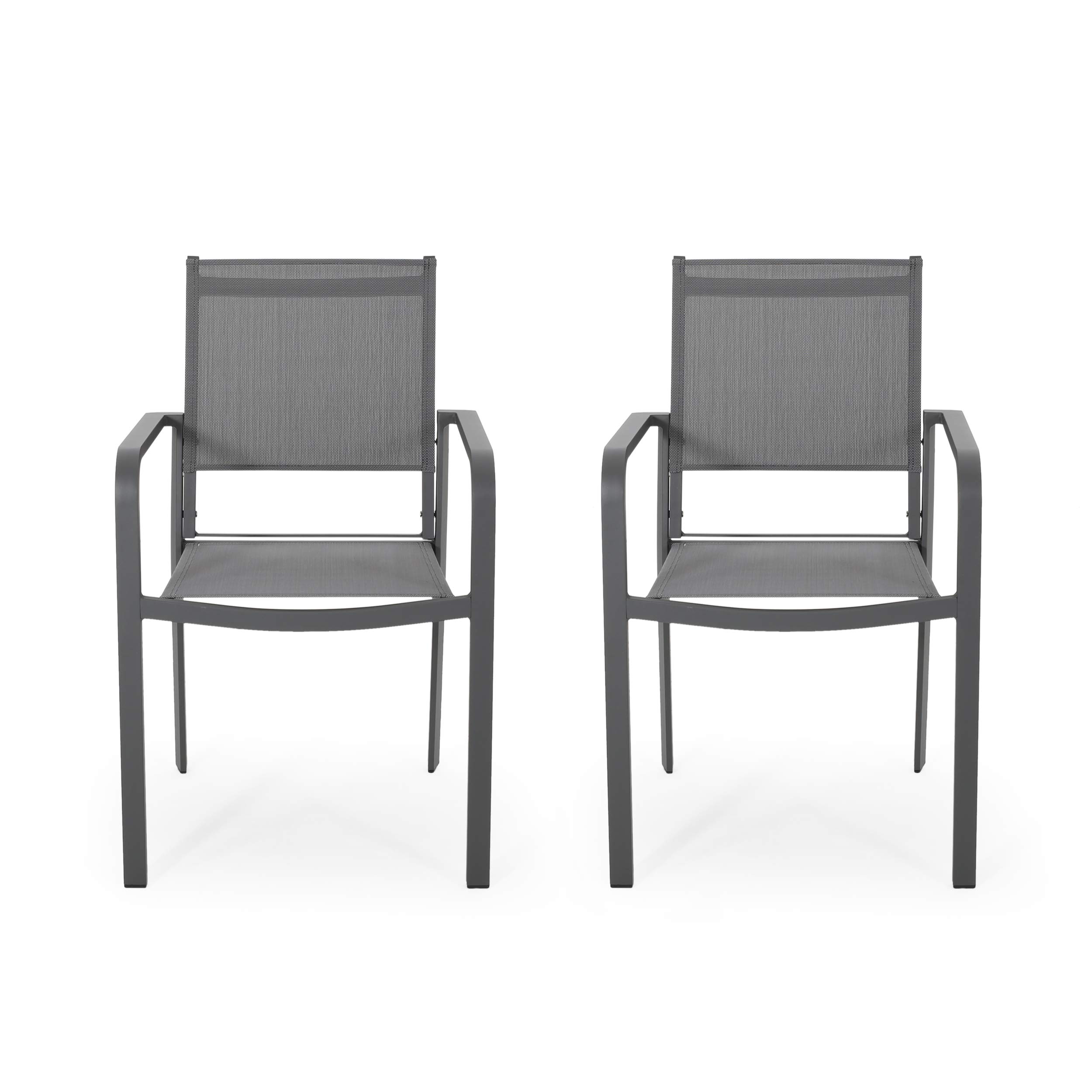 Modern Aluminum Outdoor Dining Chairs with Mesh Seat (Set of 2) - Gun Metal Gray & Dark Gray - Weather-Resistant Patio Furniture for Garden, Poolside & Backyard Dining