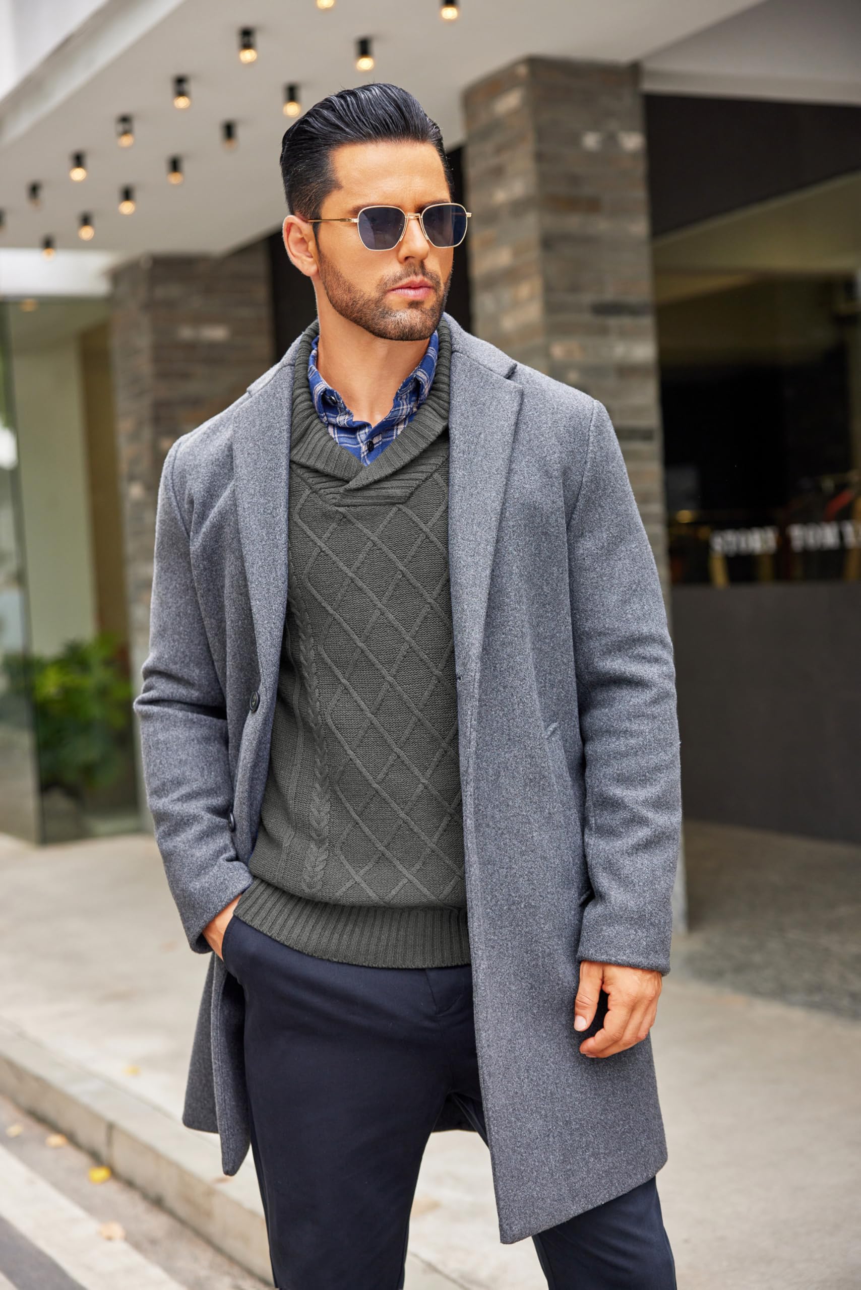 COOFANDY Men's V-Neck Cable Knit Sweater - Shawl Collar Relaxed Fit Pullover for Casual Wear & Winter Outfits