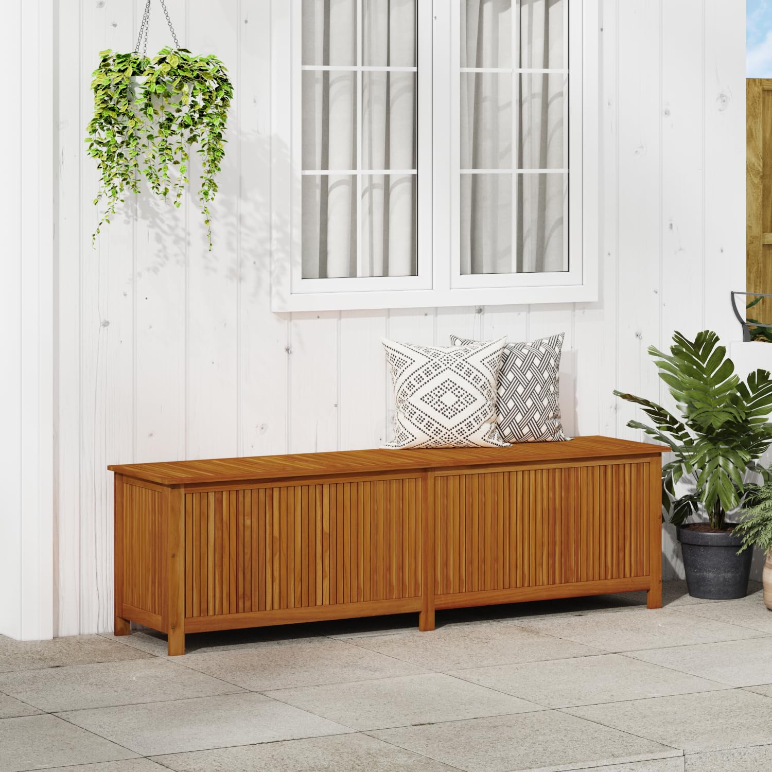 vidaXL Outdoor Storage Box - Large 78.7'' Deck Box with Gas-Lift Lid & Waterproof Zippered Bag - Solid Acacia Wood Patio Furniture for Cushions, Pool Toys & Garden Tools Storage