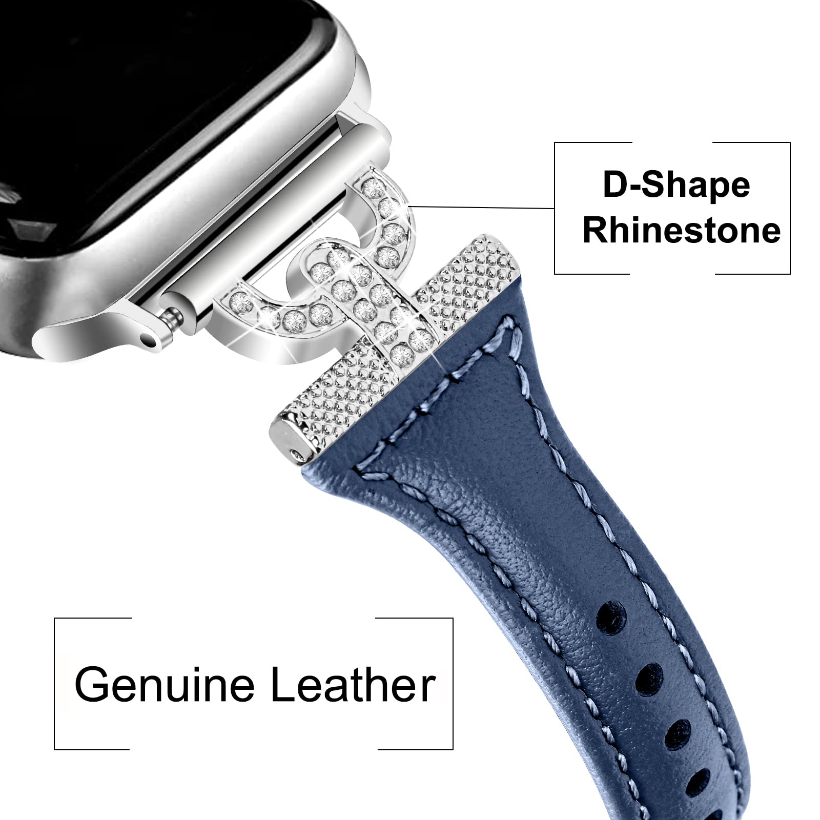 OULUCCI Slim Leather Apple Watch Bands for Women - Compatible with Series 10/9/8/SE/7/6/5/Ultra/4/3/2/1, 38mm/40mm/41mm/42mm/44mm/45mm/46mm/49mm - D-Shape Diamond Design for Workout, Office & Daily Wear