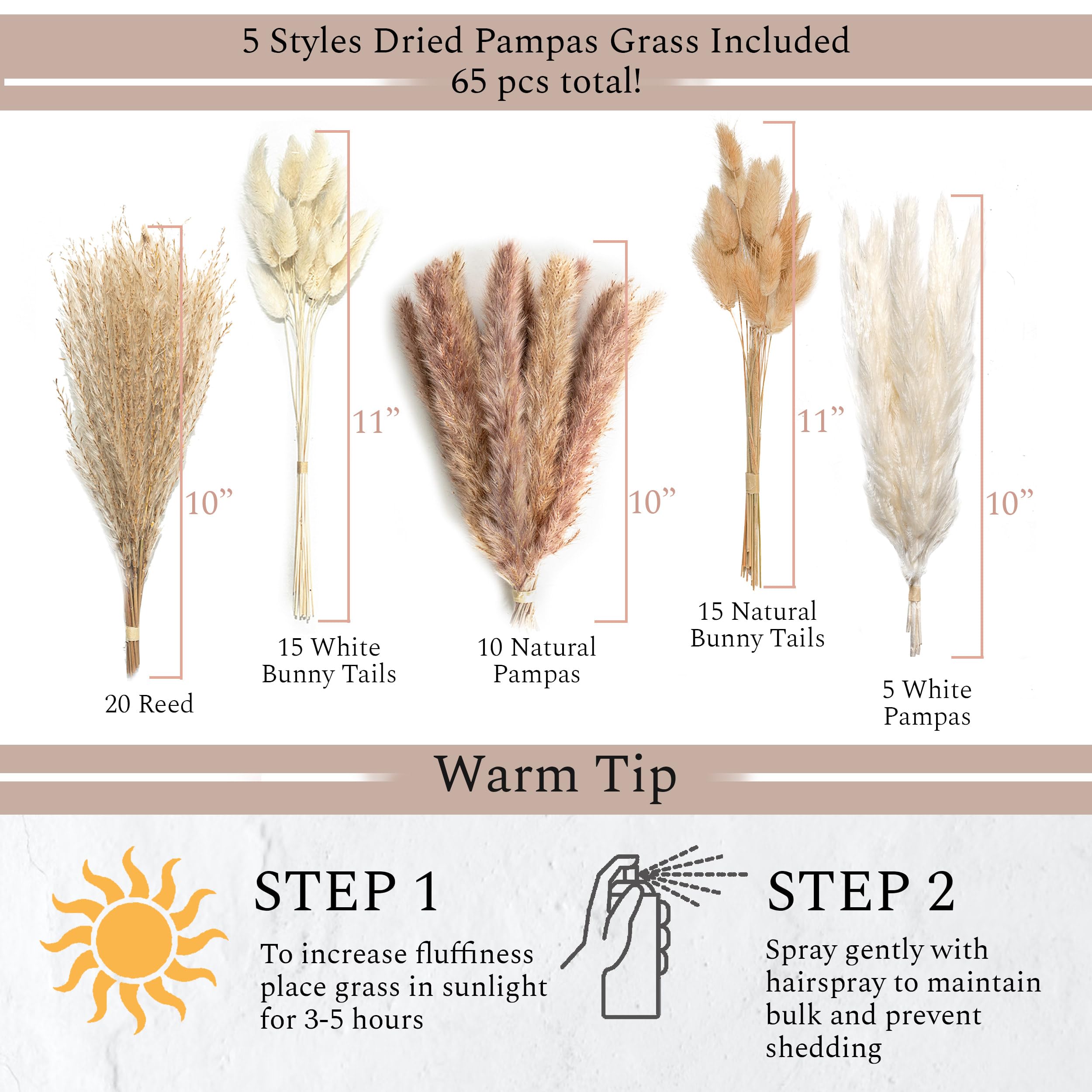 VELOVA Set of 3 White Ceramic Vases with 65 PCS Dried Pampas Grass - Modern Boho Home Decor for Living Room, Bedroom, Office Desk & Coffee Table - Perfect Aesthetic Gift for Women & Mom