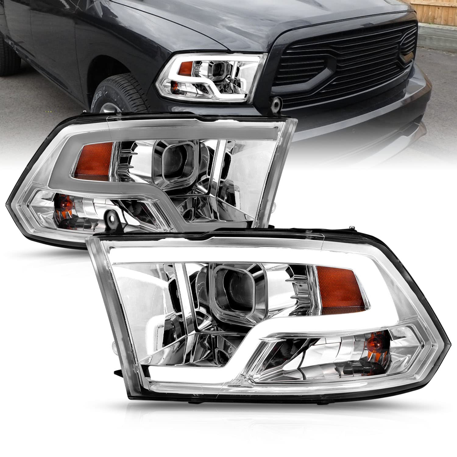 AmeriLite LED Tube Chrome Square Projector Headlights Assembly for 2009-2019 Dodge Ram 1500 2500 3500 - Left & Right Side - Upgrade Your Truck Lighting for Night Driving & Off-Road Adventures