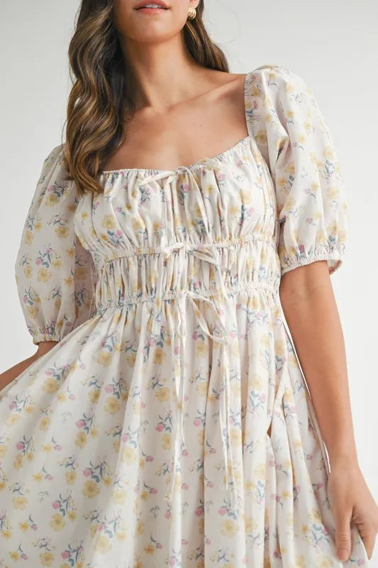 Floral Puff Sleeve Midi Summer Dress for Women - Boho Flowy Beach Dress with Ruffle Hem, Perfect for Vacation, Wedding Guest & Outdoor Parties