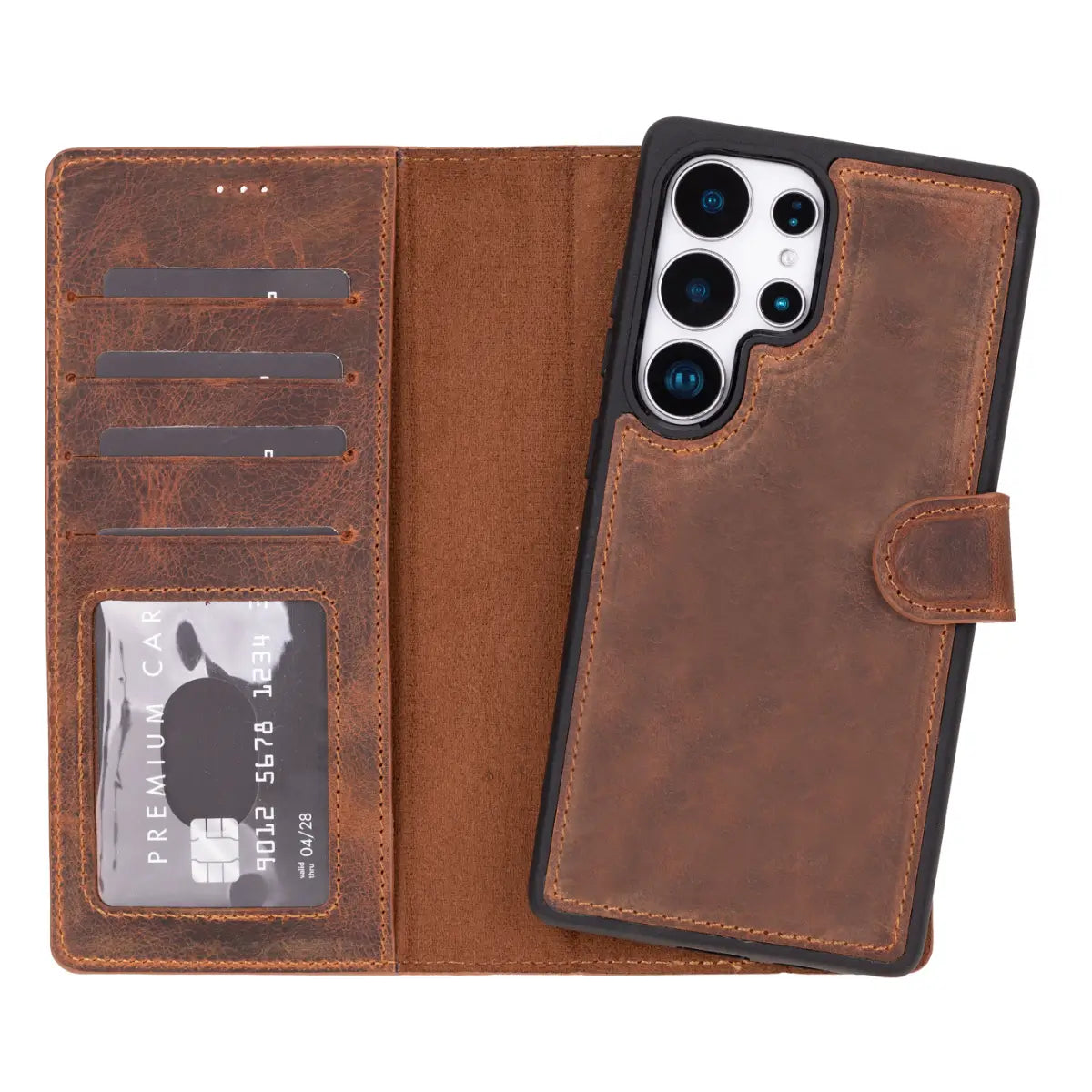 Distressed Brown Magnetic Leather Wallet Case for Samsung Galaxy S25 Ultra - Slim Protective Cover with Card Holder & Strong Magnet for Everyday Use, Travel & Business