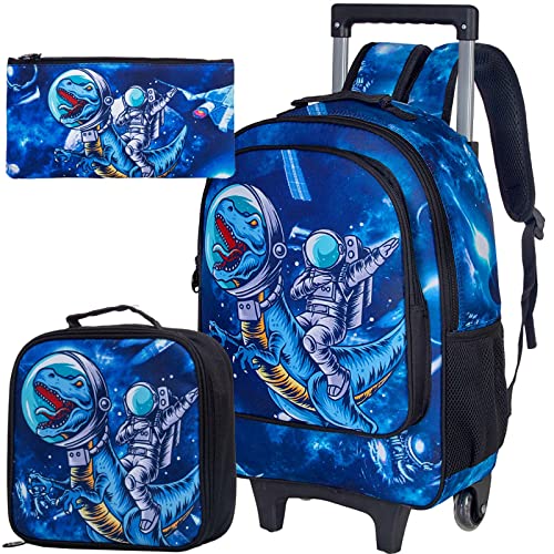 Dinosaur Rolling Backpack for Boys - Kids Wheeled School Bookbag with Lunch Bag & Extendable Handle | Perfect for School, Travel & Daily Use