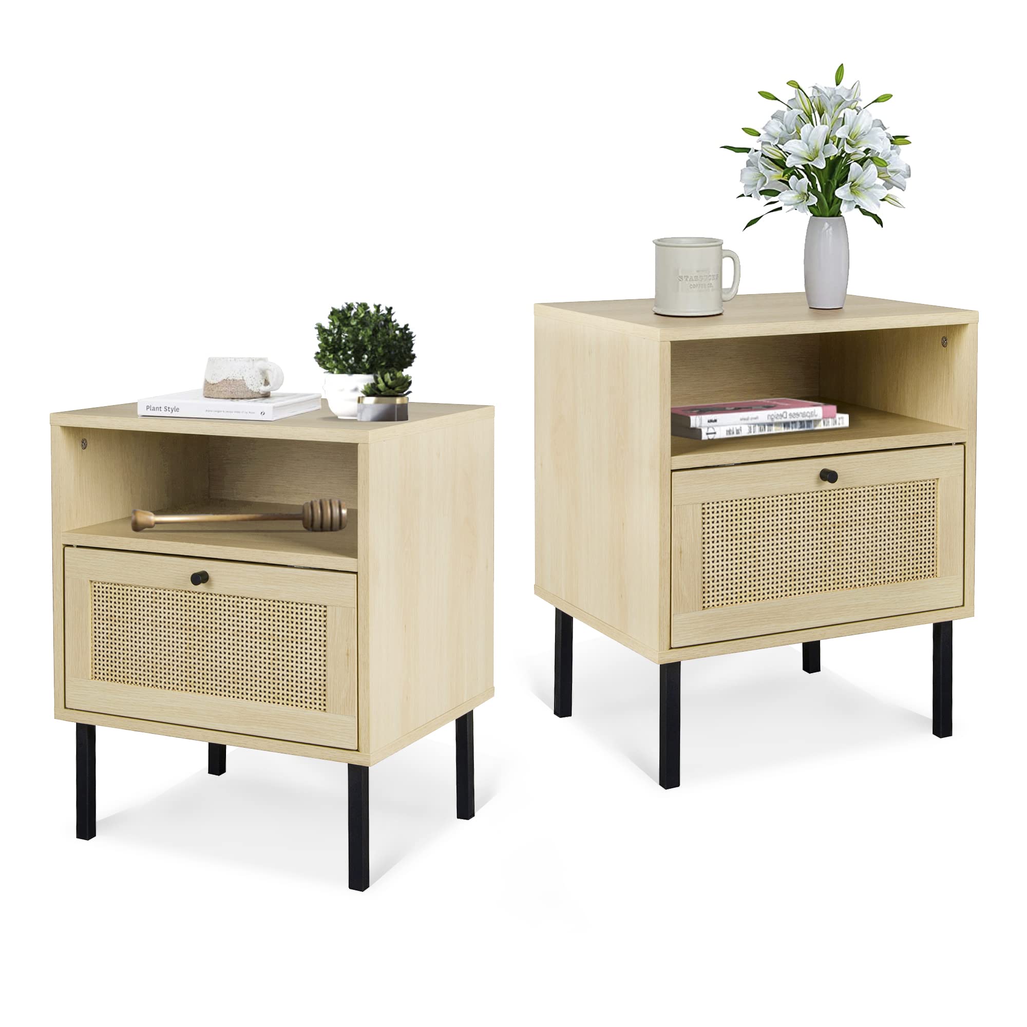 AWQM Rattan End Table Set of 2 - Nightstand with Open Storage Shelves & Drawer - Wooden Sofa Side Table for Bedroom, Living Room - Natural Accent Furniture for Home Decor (Perfect for Small Spaces & Apartment Living)
