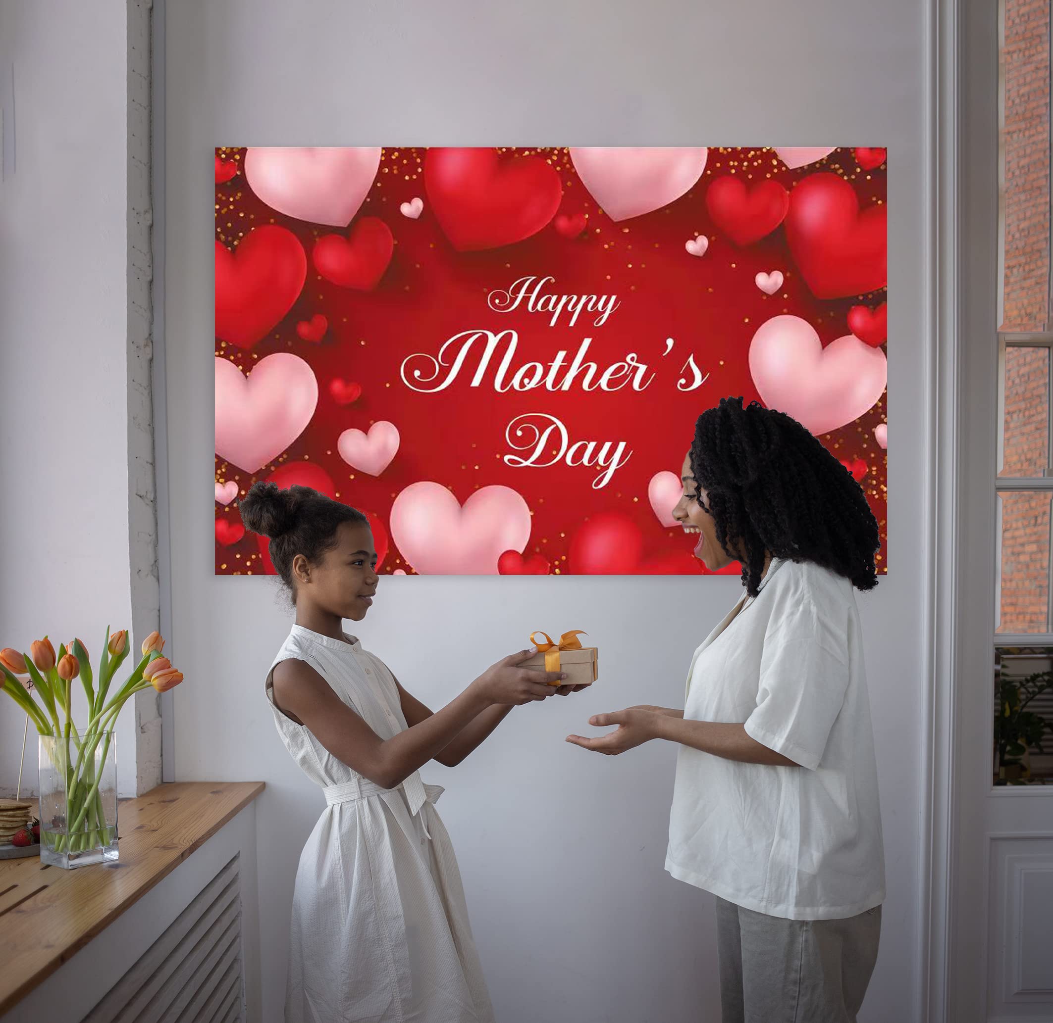 Large Happy Mother's Day Banner - Red Heart Decorations for Mother's Day Party Supplies | Perfect for Home Decor, Wall Hanging, Party Backdrop & Celebration Decor