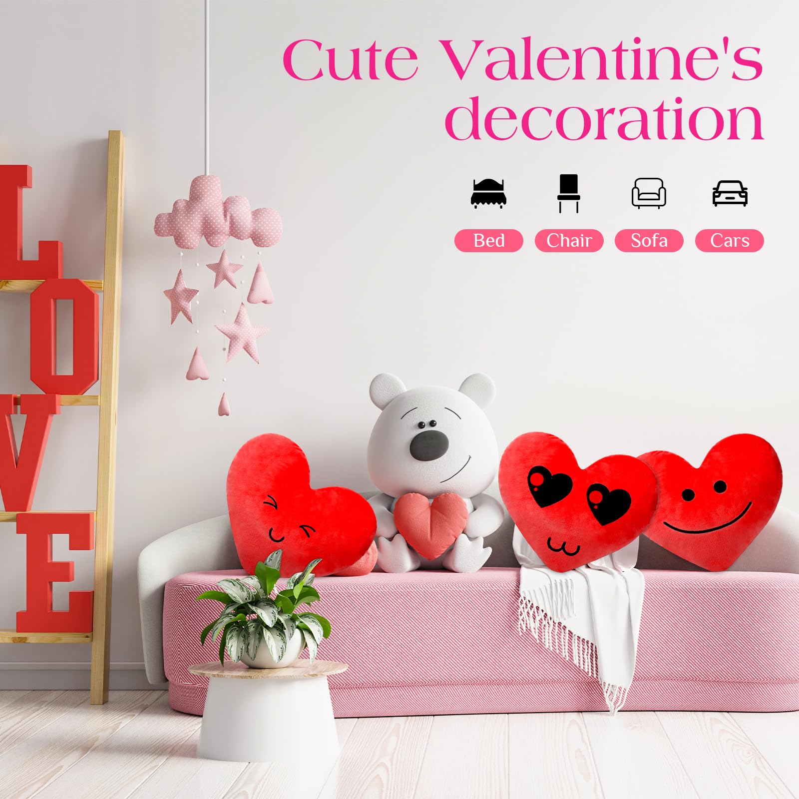 3 Pcs Heart Shaped Throw Pillows - Soft Fluffy Plush Cushions for Valentine's Day Gifts, Decorative Heart Pillows for Bed, Sofa, Couch - Perfect for Boys, Girls, Teens, Men & Women (Red) - Great for Home Decor, Romantic Gifts & Cozy Living Room Accents