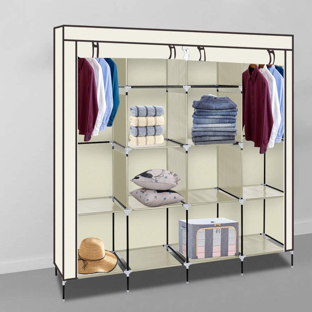 Portable Closet Organizer with Shelves - Heavy Duty Wardrobe for Hanging Clothes, Space-Saving Storage Solution for Bedroom, Closet, Dorm, or Travel (Beige, 2-Pack)