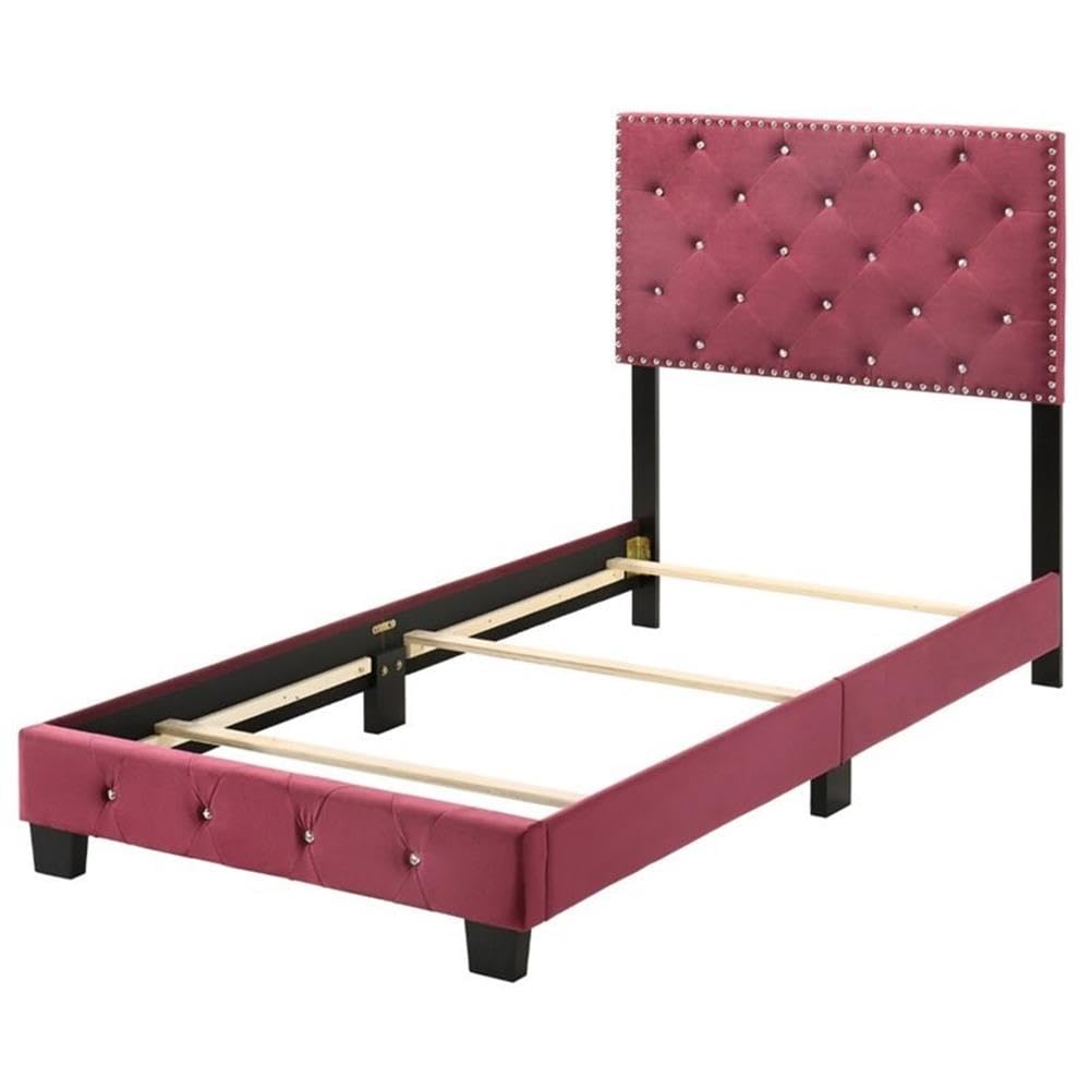 Glory Furniture Suffolk Velvet Upholstered Twin Bed Frame with Cherry Finish - Perfect for Kids' Bedroom, Guest Room & Small Spaces