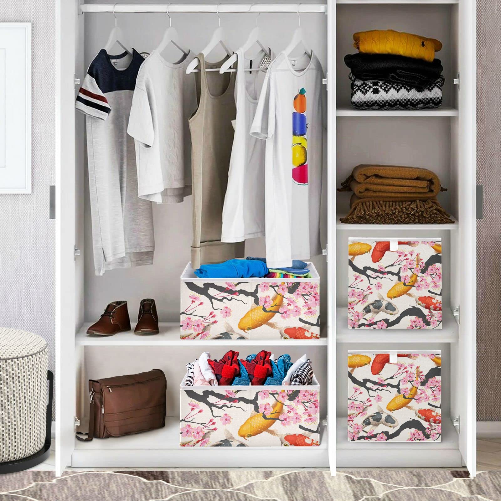 Japanese Cherry Blossom Print Foldable Storage Bins - Yellow & Red Fish Design Collapsible Fabric Cube Organizer with Handles for Nursery, Closet, Shelves - Perfect for Kids' Toys, Home Organization & Seasonal Decor