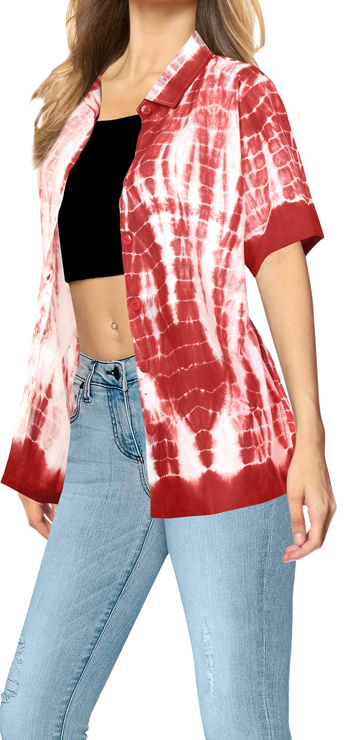 LA LEELA Women's Short Sleeve Hawaiian Shirt - Floral Print Vacation Blouse for Beach, Summer & Casual Wear