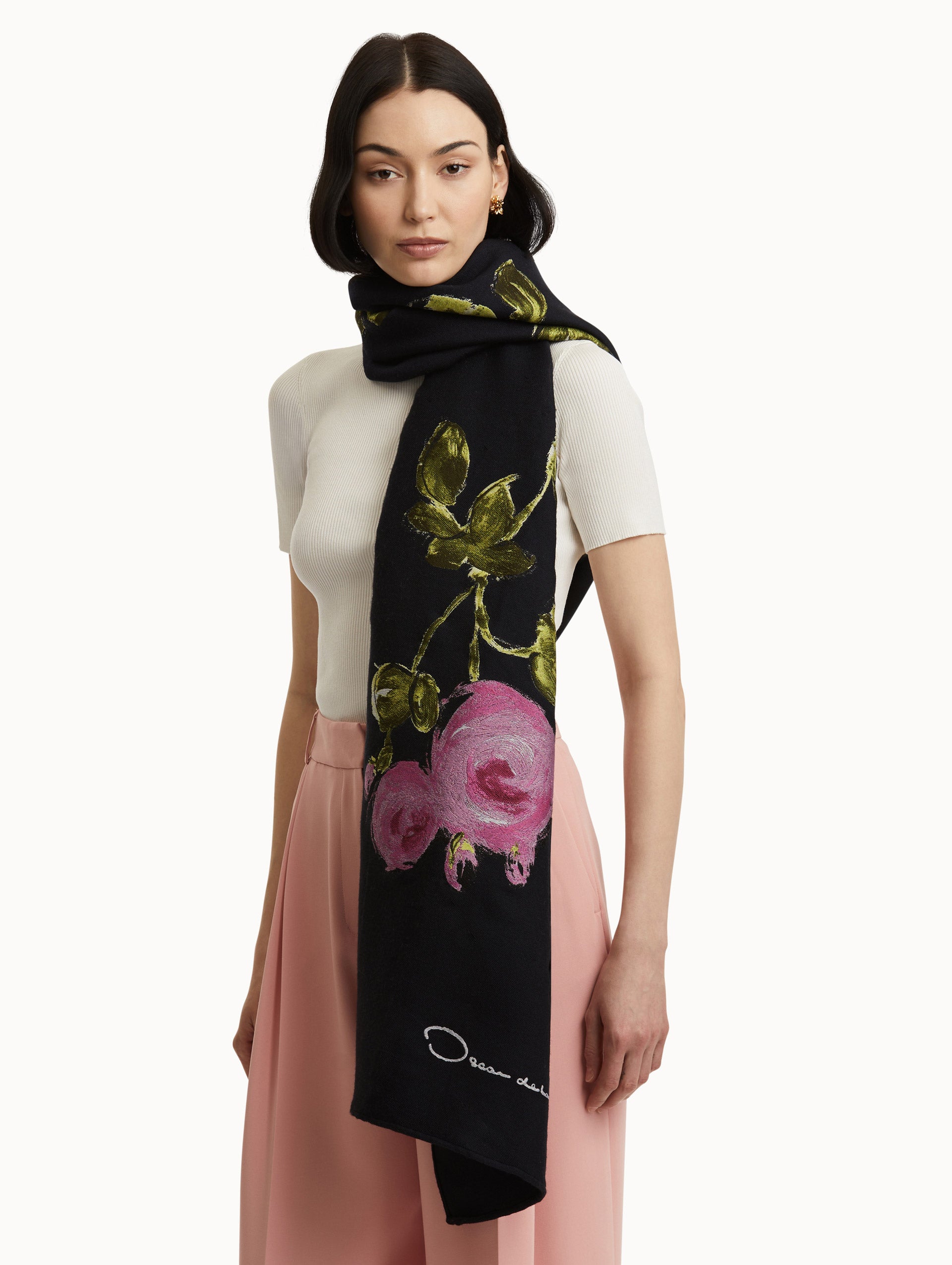 Stylish Painted Roses Wool Blend Scarf - Soft Winter Fashion Accessory for Women | Perfect for Cold Weather, Office Wear & Holiday Outfits