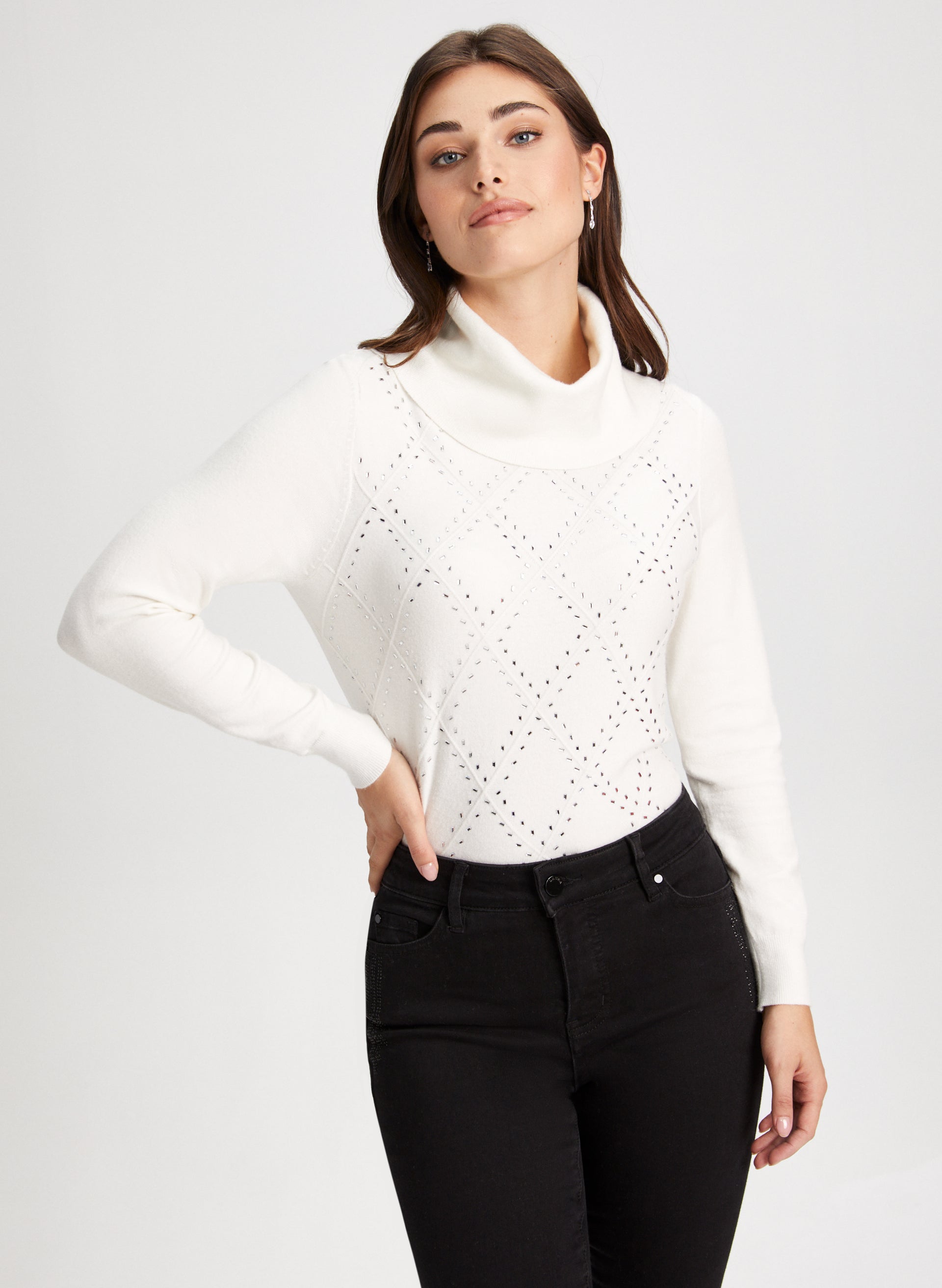 Embellished Argyle Knit Sweater for Women - Vintage Inspired Diamond Pattern Pullover - Cozy Winter Fashion for Office, Date Night & Holiday Parties
