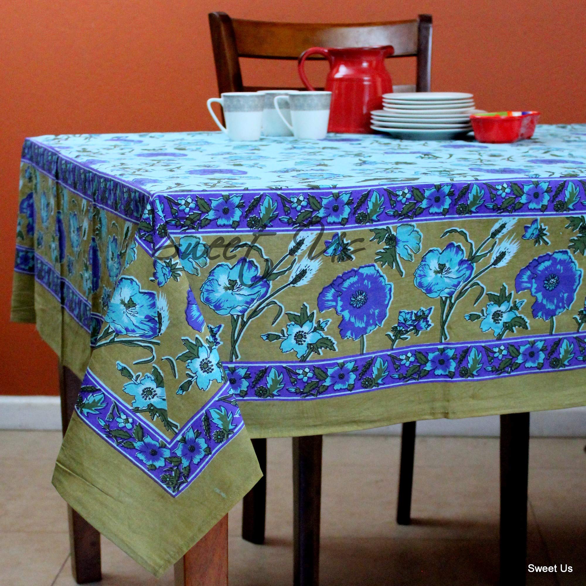 Olive Green Blue Purple Floral Vine Cotton Tablecloth - 70 x 106 Inch Rectangle Table Cover for Indoor & Outdoor Dining, Parties, Picnics & Home Decor