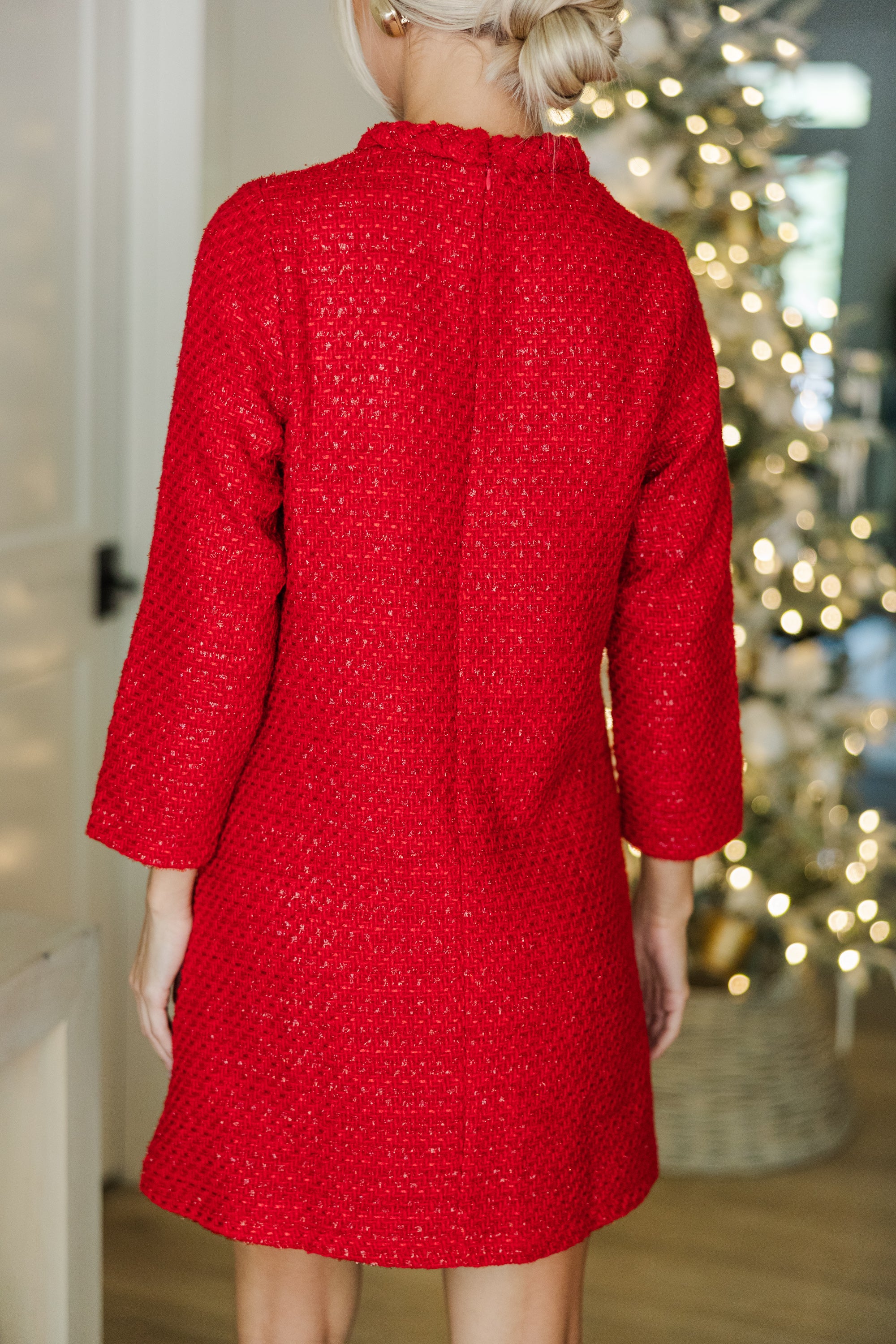 Elegant Red Tweed 3/4 Sleeve Dress for Women - Perfect for Date Nights, Cocktail Parties & Office Wear